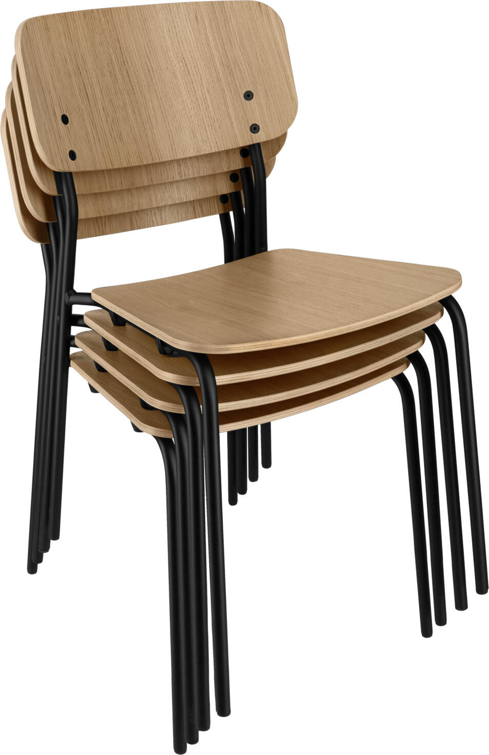 Set de 4 scaune de conferinta PULSIVA Kantino, lemn de fag cu placaj de stejar, cadru din otel vopsit electrostatic negru, stivuibile, certificate FSC