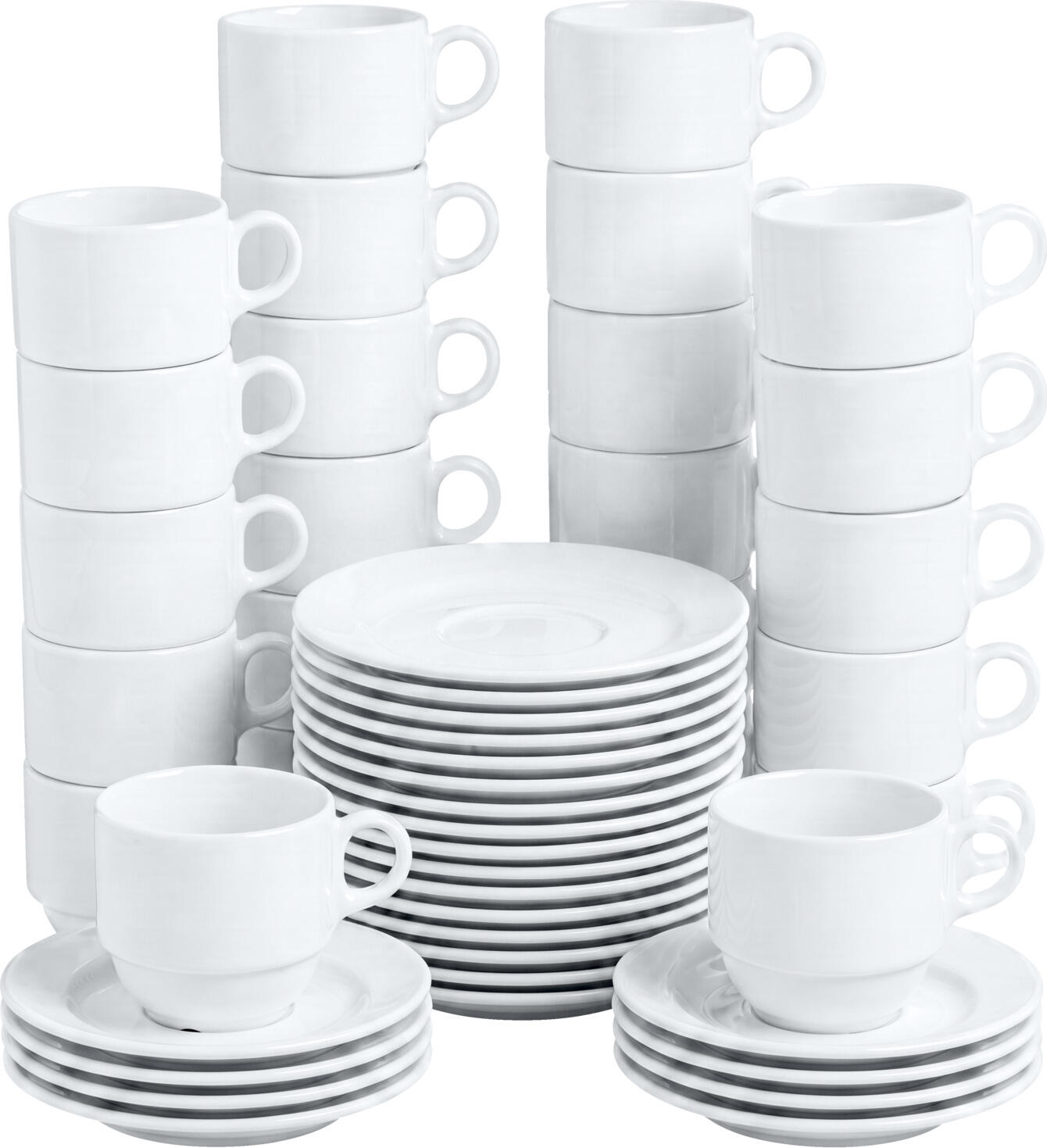 PULSIVA LUSINI Solutions GmbH Coffee set Stackora 48-piece Kaffee-Set Stackora 48-teilig Coffee set Stackora 48-piece; 190 ml, 8x7 cm (ØxH); white; 24 set / pack Kaffee-Set Stackora 48-teilig; 190 ml, 8x7 cm (ØxH); weiß; 24 Set(s) / Pack This 48-piece coffee set offers a complete solution for professional coffee service in the catering, hospitality and institutional sectors. It comprises 24 coffee cups and 24 matching saucers to ensure a smooth service flow. The robust porcelain quality ensures excellent suitability for everyday use. Reinforced rims increase the service life and reduce breakage rates, whilst the stackable design supports efficient processes in both the service and washing-up areas. * Complete set for professional coffee service * Sturdy porcelain for heavy-duty use * Space-saving and stackable * Dishwasher-safe and microwave-safe Dieses 48-teilige Kaffeeset bietet eine Komplettlösung für den professionellen Kaffeeservice in Gastronomie, Hotellerie und Gemeinschaftsverpflegung. Es umfasst 24 Kaffee-Obertassen und 24 passende Untertassen für einen reibungslosen Serviceablauf. Die robuster Porzellanqualität gewährleistet eine hohe Alltagstauglichkeit. Verstärkte Kanten erhöhen die Lebensdauer und senken Bruchquoten, während die stapelbare Ausführung effiziente Prozesse im Service und Spülbereich unterstützt. * Komplettset für professionellen Kaffeeservice * Robustes Porzellan für intensive Nutzung * Platzsparend stapelbar * Spülmaschinenfest und mikrowellengeeignet