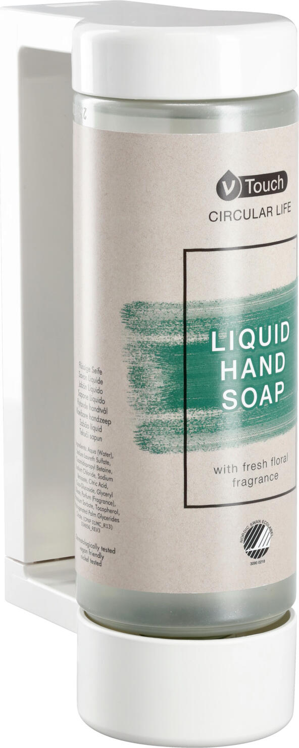 Sapun lichid de maini V-Touch Circular Life, sistem de dozare, parfum floral proaspăt cu note lemnoase, pH neutru, vegan, Nordic Swan Ecolabel, set de 18 sticle, 360 ml