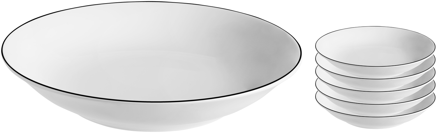 VEGA Bellino Deep Plates, White Porcelain with Black Rim, 20 cm Diameter, 600 ml Capacity, Dishwasher and Microwave Safe, Set of 6