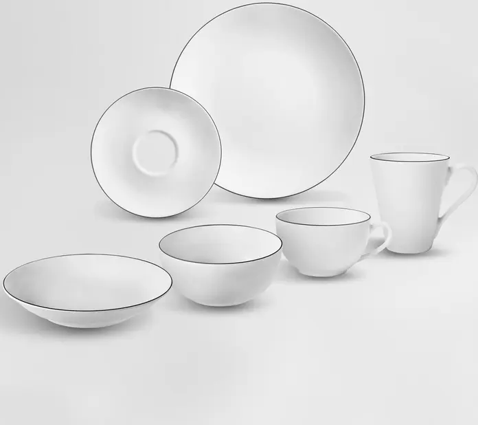 VEGA Bellino Deep Plates, White Porcelain with Black Rim, 20 cm Diameter, 600 ml Capacity, Dishwasher and Microwave Safe, Set of 6