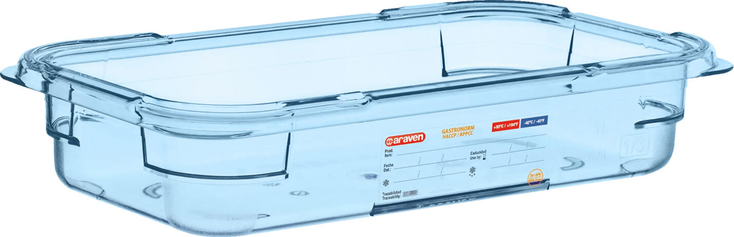Araven Araven Food Safety innovation Food container  GN 1/3 made from ABS Lebensmittelbehälter GN 1/3 blau Food container  GN 1/3 made from ABS ; size GN 1/3, 2.35 l, 32.5x17.6x6.5 cm (LxWxD); blue Lebensmittelbehälter GN 1/3 blau; Größe GN 1/3, 2.35 l, 32.5x17.6x6.5 cm (LxBxT); blau GN 1/3 ABS food container with integrated label. Rounded edges for easy and thorough cleaning. BPA-free. Heat-resistant from -40 °C to +80 °C. Can be used with Araven hermetic lids. Suitable for dishwashers. GN 1/3 ABS Lebensmittelbehälter mit integriertem Etikett. Abgerundete Kanten für leichte und gründliche Reinigung. BPA frei. Hitzebeständig von -40° bis +80°C. Kombinierbar mit den hermetischen Deckeln von Araven. Spülmaschinengeeignet.