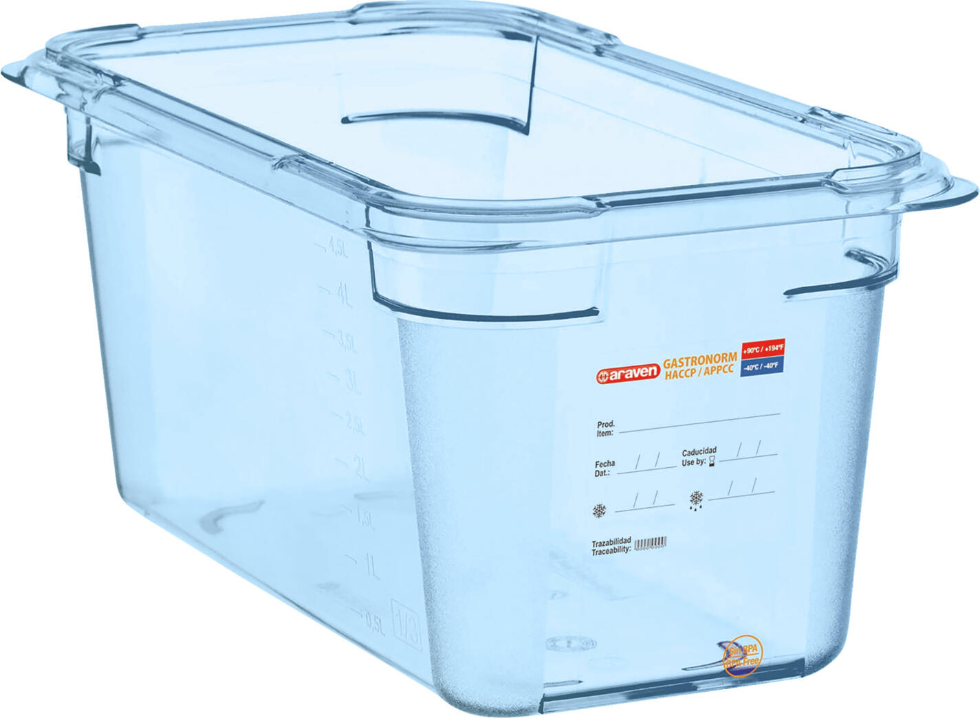 Araven Araven Food Safety innovation Food container  GN 1/3 made from ABS Lebensmittelbehälter GN 1/3 blau Food container  GN 1/3 made from ABS ; size GN 1/3, 5.4 l, 32.5x17.6x15 cm (LxWxD); blue Lebensmittelbehälter GN 1/3 blau; Größe GN 1/3, 5.4 l, 32.5x17.6x15 cm (LxBxT); blau GN 1/3 ABS food container with integrated label. Rounded edges for easy and thorough cleaning. BPA-free. Heat-resistant from -40 °C to +80 °C. Can be used with Araven hermetic lids. Suitable for dishwashers. GN 1/3 ABS Lebensmittelbehälter mit integriertem Etikett. Abgerundete Kanten für leichte und gründliche Reinigung. BPA frei. Hitzebeständig von -40° bis +80°C. Kombinierbar mit den hermetischen Deckeln von Araven. Spülmaschinengeeignet.
