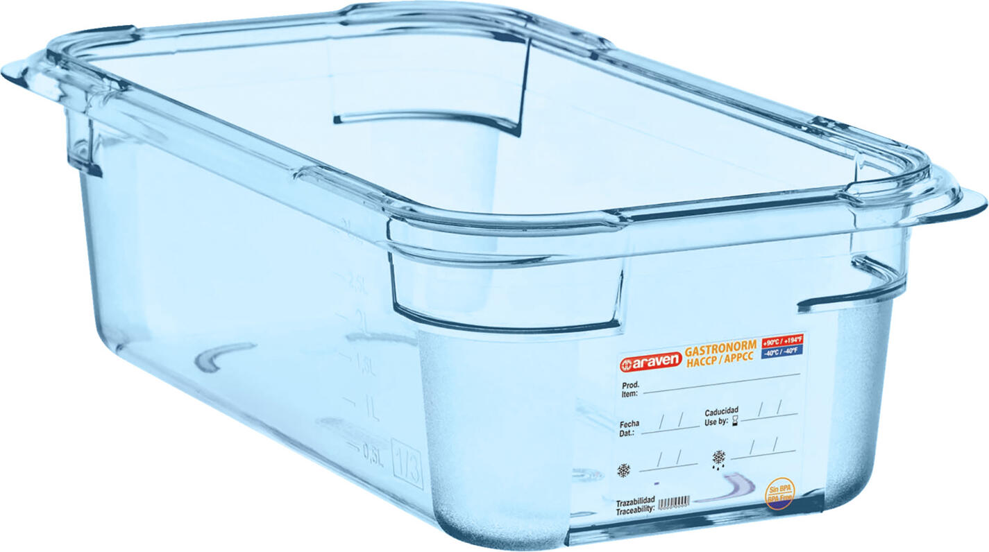 Araven Araven Food Safety innovation Food container  GN 1/3 made from ABS Lebensmittelbehälter GN 1/3 blau Food container  GN 1/3 made from ABS ; size GN 1/3, 3.7 l, 32.5x17.6x10 cm (LxWxD); blue Lebensmittelbehälter GN 1/3 blau; Größe GN 1/3, 3.7 l, 32.5x17.6x10 cm (LxBxT); blau GN 1/3 ABS food container with integrated label. Rounded edges for easy and thorough cleaning. BPA-free. Heat-resistant from -40 °C to +80 °C. Can be used with Araven hermetic lids. Suitable for dishwashers. GN 1/3 ABS Lebensmittelbehälter mit integriertem Etikett. Abgerundete Kanten für leichte und gründliche Reinigung. BPA frei. Hitzebeständig von -40° bis +80°C. Kombinierbar mit den hermetischen Deckeln von Araven. Spülmaschinengeeignet.