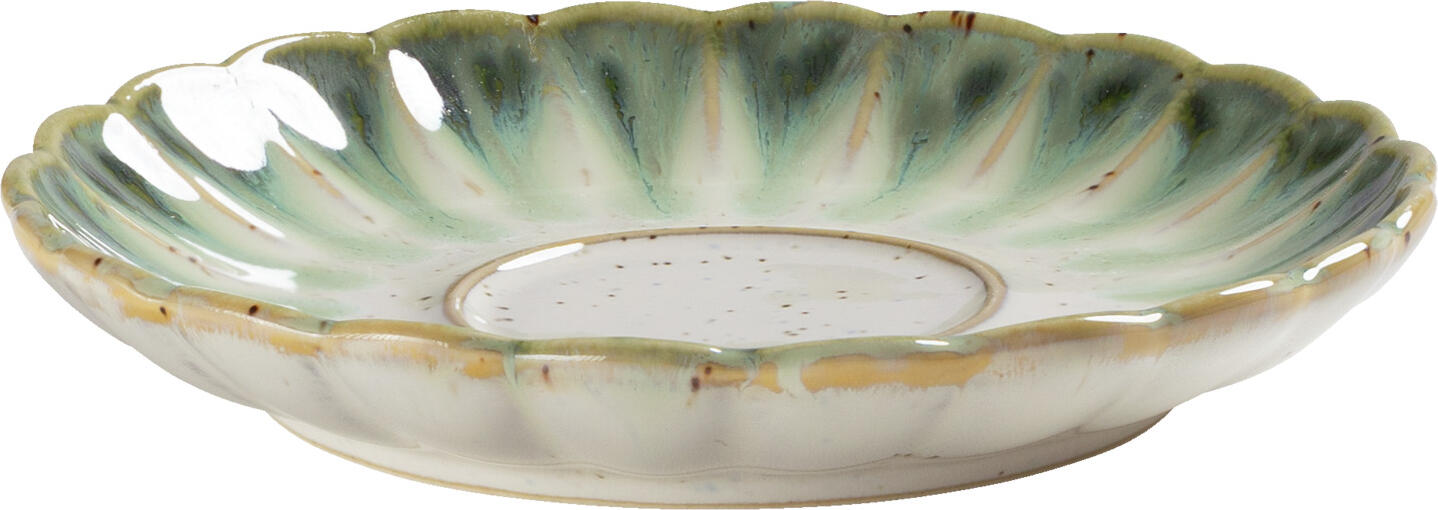 VEGA Flora Porcelain Coffee Saucers, Flower Shape Wave Design, 13.7 cm Diameter, Green/Beige, Set of 6