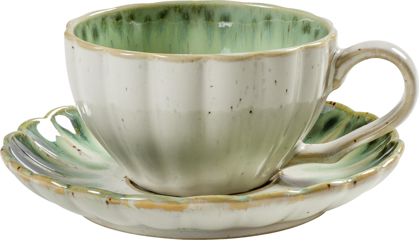VEGA Flora Porcelain Coffee Saucers, Flower Shape Wave Design, 13.7 cm Diameter, Green/Beige, Set of 6