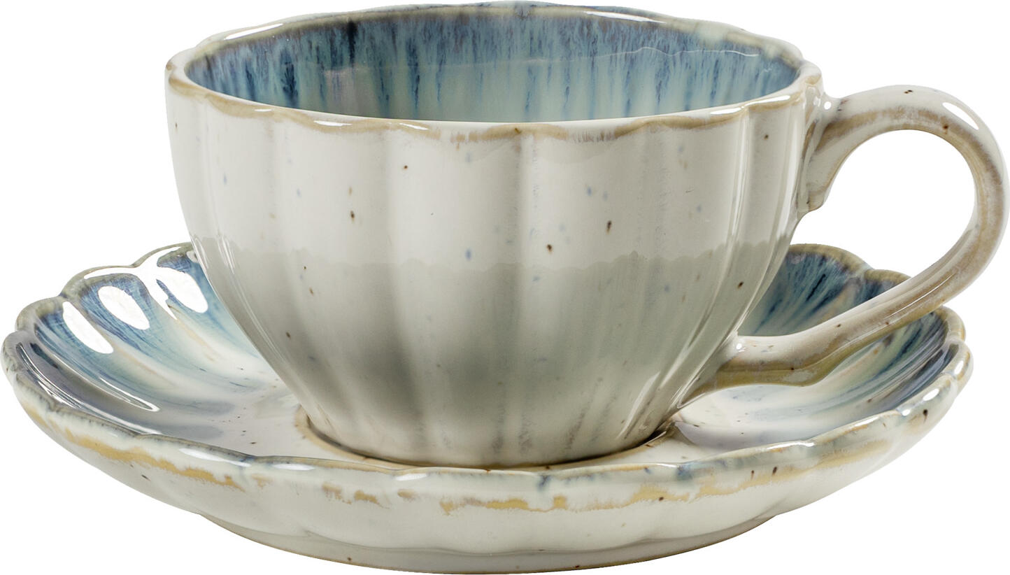 VEGA Flora Porcelain Coffee Saucers, Blue and Beige Flower-shaped with Scalloped Edge, 13.7 cm Diameter, Dishwasher and Microwave Safe, Set of 6