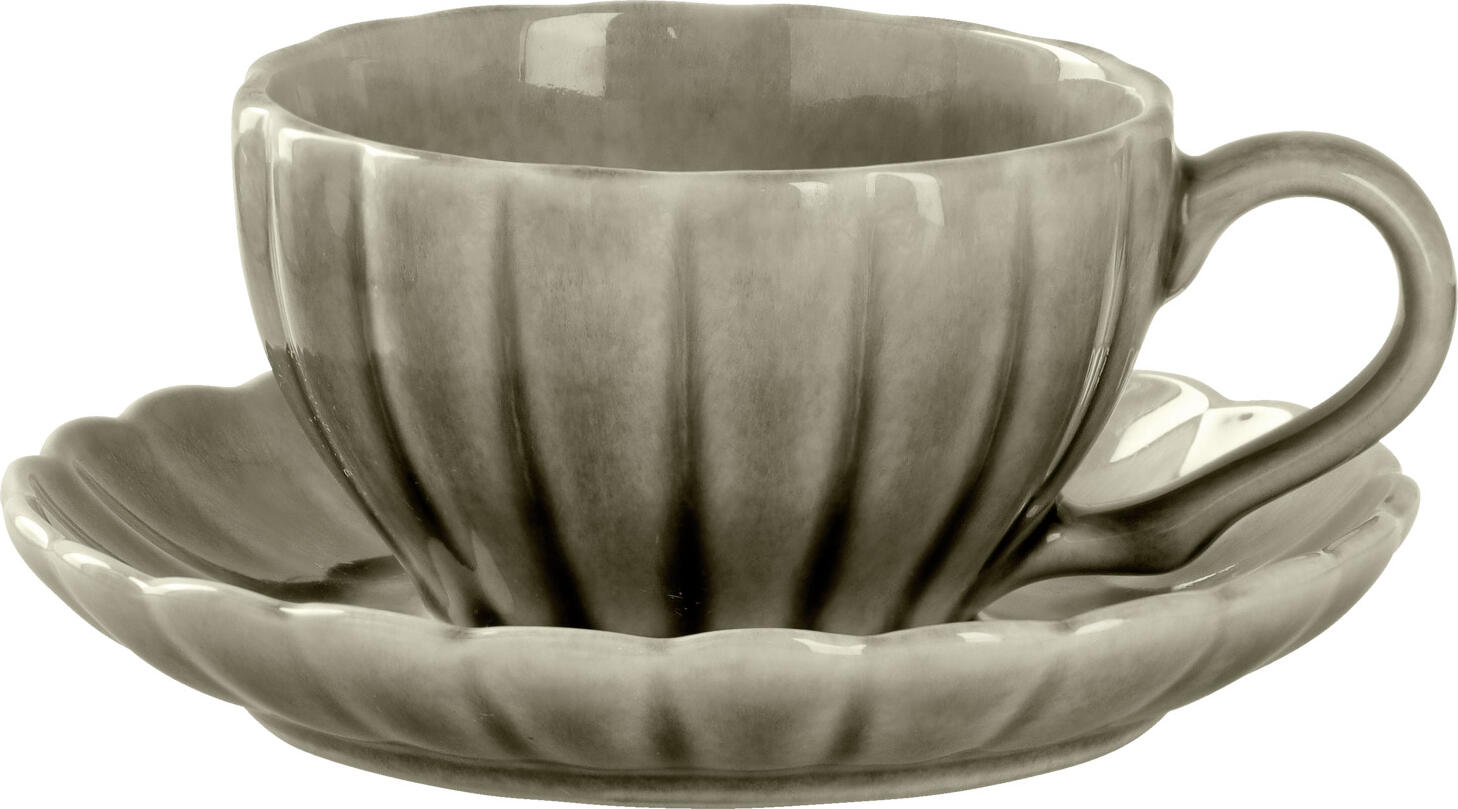 Farfurii pentru cafea VEGA Flora, Porțelan Gri, Margine Ondulată, Diametru 13.7 cm, Set de 6 piese