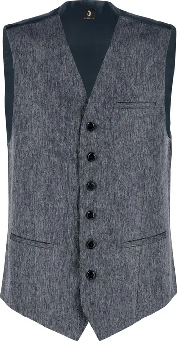 Jobeline Charleston Men's Vest, Greyish Blue Herringbone Polyester, 6-Button Placket, 3 Piped Pockets, Adjustable Back, OEKO-TEX Standard 100