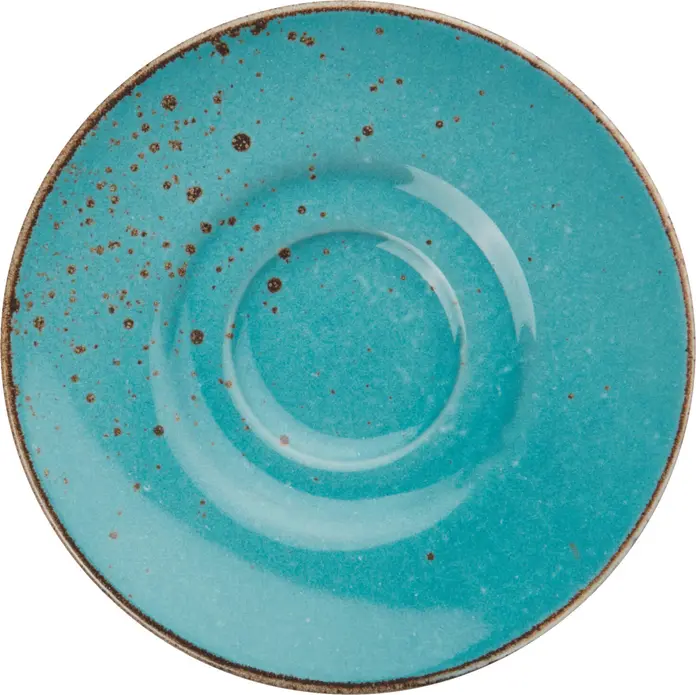 Vega Palana Espresso Saucers, Set of 6, Turquoise Colored Stoneware, 12.4 cm Diameter, Irregular Edges Speckled Finish, Dishwasher and Microwave Safe
