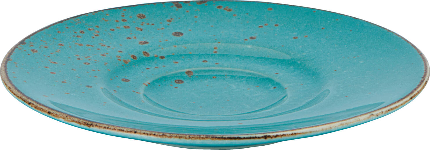 Vega Palana Espresso Saucers, Set of 6, Turquoise Colored Stoneware, 12.4 cm Diameter, Irregular Edges Speckled Finish, Dishwasher and Microwave Safe