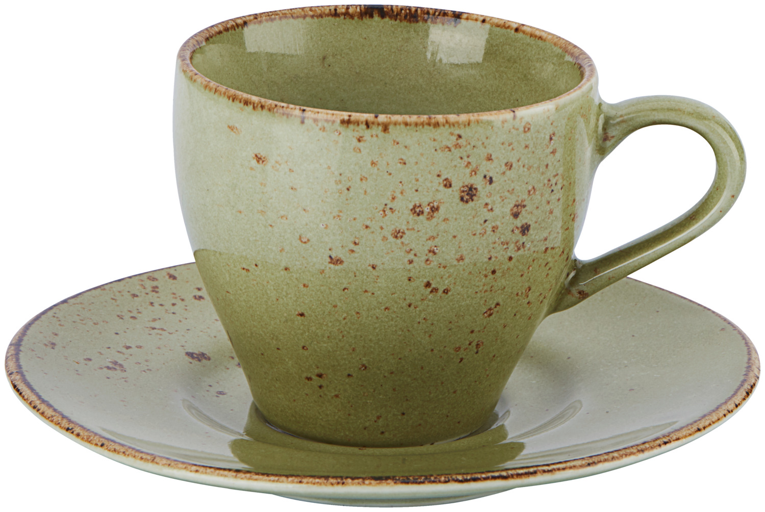 Vega Palana Espresso Saucers, Set of 6, Basswood Green Colored Stoneware, 12.4 cm Diameter, Irregular Edges Speckled Finish, Dishwasher and Microwave Safe