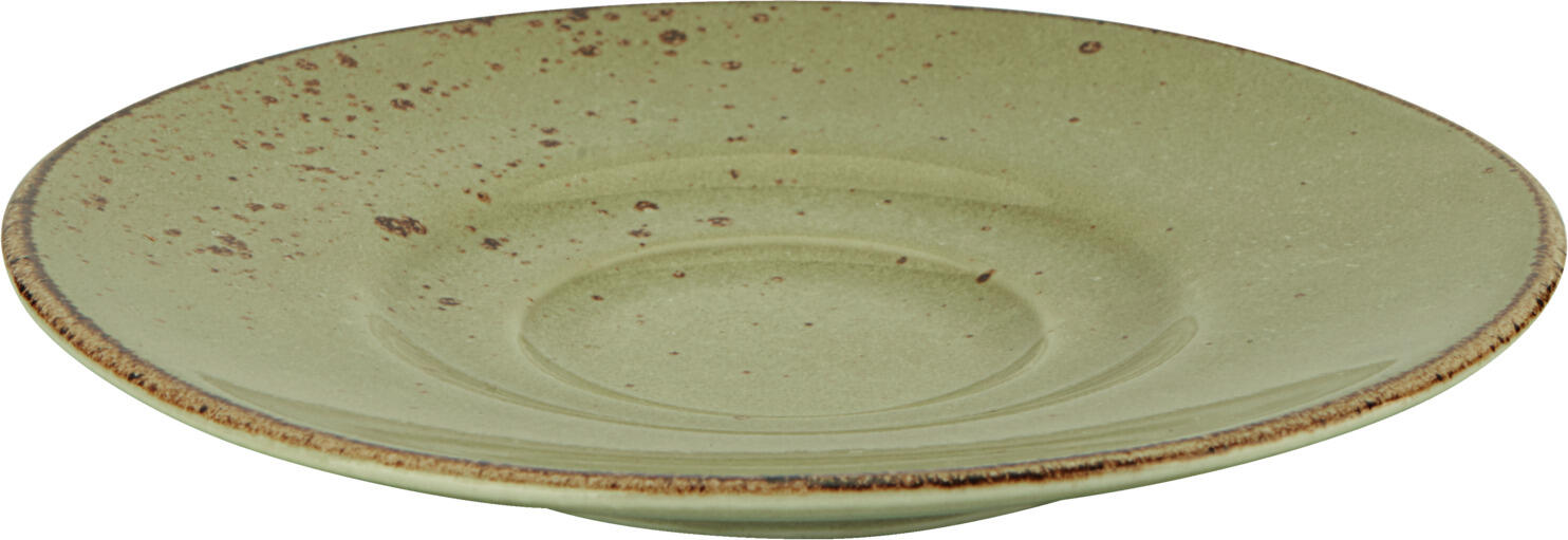 Vega Palana Espresso Saucers, Set of 6, Basswood Green Colored Stoneware, 12.4 cm Diameter, Irregular Edges Speckled Finish, Dishwasher and Microwave Safe