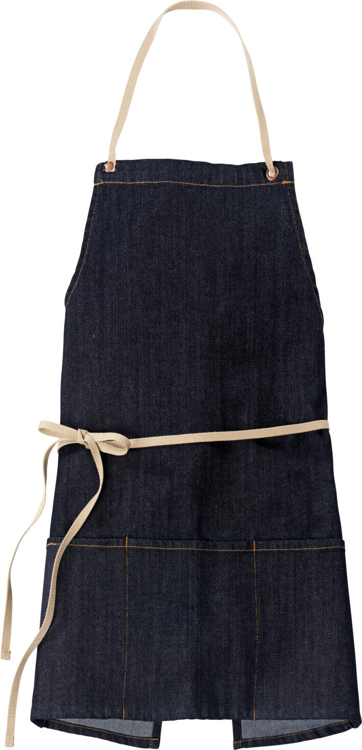 Scurt Jobeline Taras, 100% Bumbac Denim, 64 x 80 cm, Albastru Denim, cu Buzunar Mare din Trei Compartimente si Bareta de Gat Ajustabila
