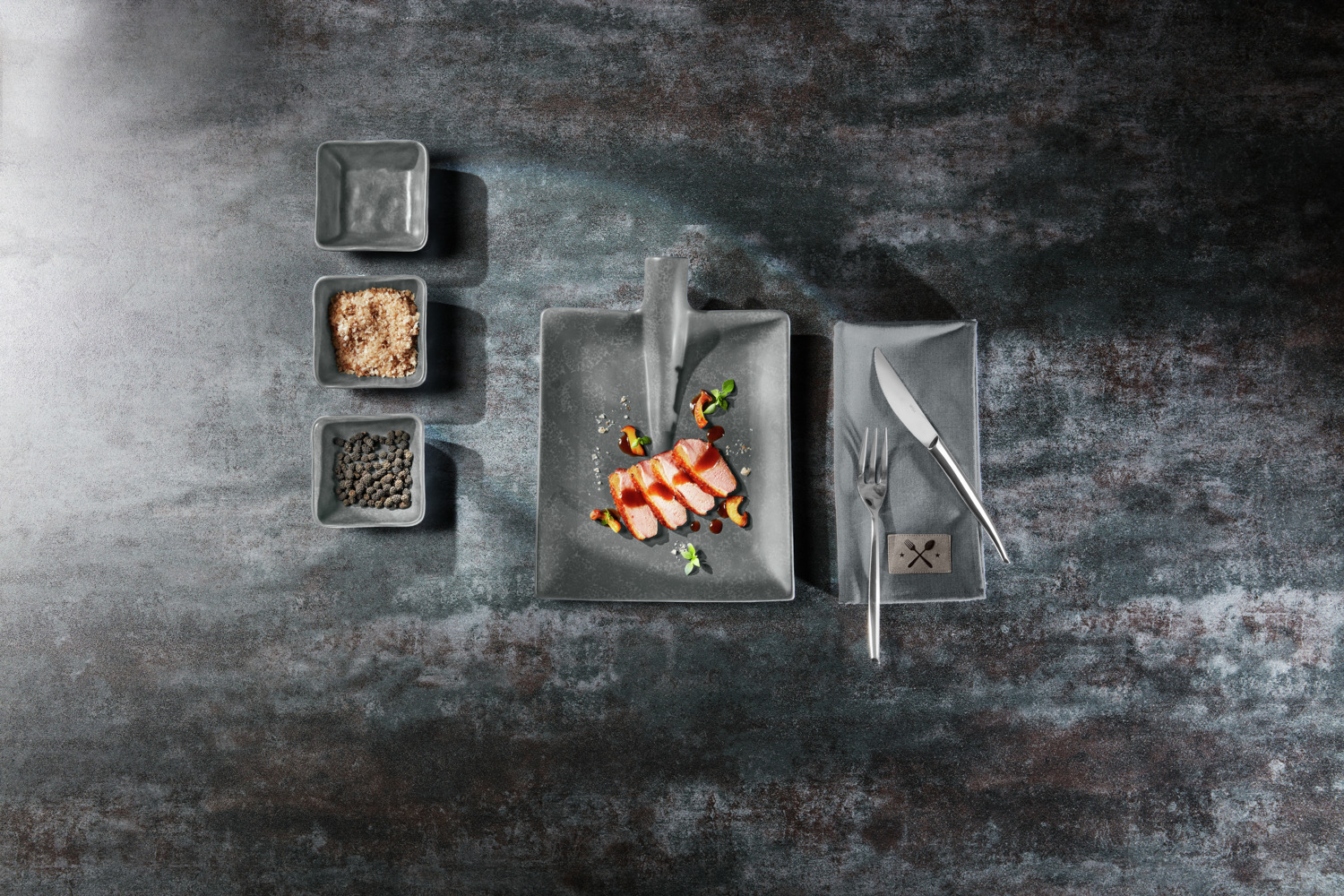 Vega Kelda Porcelain Serving Scoop Set of 2, Rectangular Matt Glaze Anthracite, 25.5 x 21.8 x 2.5 cm, Dishwasher and Microwave Safe