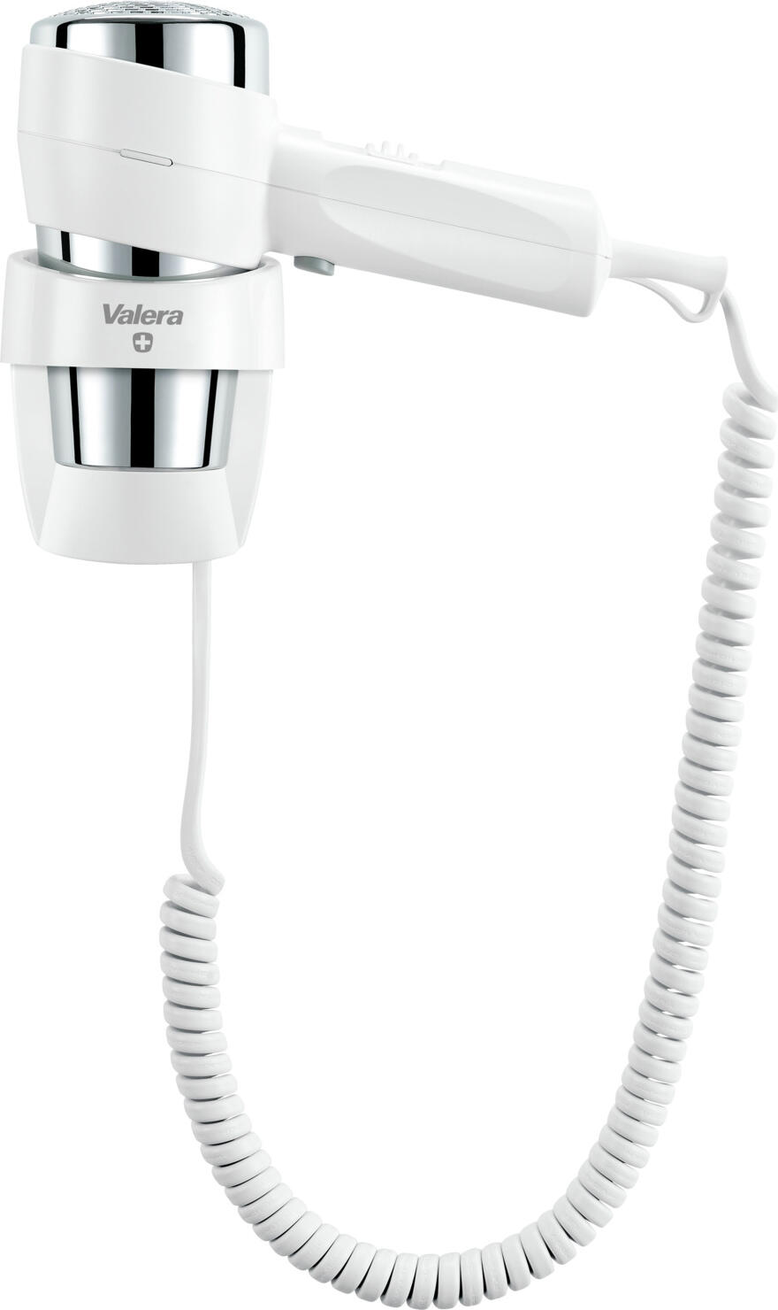 Valera Ligo Electric SA Hotel hairdryer Action Super Plus 1200 Hotelföhn Action Super Plus 1200 Hotel hairdryer Action Super Plus 1200; 25x11.5x11.5 cm (WxHxD); white Hotelföhn Action Super Plus 1200; 25x11.5x11.5 cm (BxHxT); weiß The Valera Action Super Plus 1200 is a compact and reliable hotel hairdryer with wall bracket that has been specially developed for guest rooms and guest bathrooms. With 1200 W power, it ensures efficient drying and convenient operation in everyday hotel use. The wall bracket is permanently connected to the electrical circuit (direct connection) and enables safe, permanent installation in the guest bathroom - without the need for a Euro plug or separate socket. The hairdryer is electrically connected to the holder and ready for use at any time. The hairdryer has an on/off pressure switch directly on the appliance and an on/off safety switch on the wall bracket, allowing guests to operate the appliance intuitively. Up to six air flow and temperature combinations can be set using a sliding button with 2 fan stages and 3 temperature stages. The cooling level (Cool) is ideal for fixing the hairstyle. The SECURITY corrugated wire heating element ensures even heat distribution and high operational safety. A flexible spiral cable allows comfortable freedom of movement, while the ondulating nozzle focuses the airflow in a targeted manner. Thanks to its robust construction and Swiss Made quality from Valera, the Action Super Plus 1200 is a durable solution for hotels, guesthouses and guest suites. Features: * Compact hotel hair dryer with wall bracket * 1200 W power for reliable drying * Direct connection to the power supply via permanently installed wall bracket * On/off push button on the appliance * On/off safety switch on the wall bracket * 2 fan stages and 3 temperature stages (6 switching combinations) * Cooling level (Cool) to fix the styling * SECURITY corrugated wire heating element for even heat * Coiled cable for flexible use in the guest bathroom * Ondulating nozzle for precise airflow * Robust Swiss-made quality for long-term hotel use Der Valera Action Super Plus 1200 ist ein kompakter und zuverlässiger Hotel-Haartrockner mit Wandhalterung, der speziell für Gästezimmer und Gästebäder entwickelt wurde. Mit 1200 W Leistung sorgt er für effizientes Trocknen und komfortable Bedienung im täglichen Hotelbetrieb. Die Wandhalterung wird fest an den Stromkreis angeschlossen (Direktanschluss) und ermöglicht eine sichere, dauerhafte Installation im Gästebad – ganz ohne Eurostecker oder separate Steckdose. Der Haartrockner ist elektrisch mit der Halterung verbunden und jederzeit einsatzbereit. Der Föhn verfügt über einen Ein-/Aus-Druckschalter direkt am Gerät sowie einen Ein-/Aus-Sicherheitsschalter an der Wandhalterung, wodurch Gäste das Gerät intuitiv bedienen können. Über eine Schiebetaste mit 2 Lüfterstufen und 3 Temperaturstufen lassen sich bis zu sechs Luftstrom- und Temperaturkombinationen einstellen. Die Abkühlstufe (Cool) eignet sich ideal zum Fixieren der Frisur. Das SECURITY-Welldrahtheizelement sorgt für gleichmäßige Wärmeverteilung und hohe Betriebssicherheit. Ein flexibles Spiralkabel ermöglicht komfortable Bewegungsfreiheit, während die Ondulierdüse den Luftstrom gezielt bündelt. Dank robuster Bauweise und Swiss-Made-Qualität von Valera ist der Action Super Plus 1200 eine langlebige Lösung für Hotels, Pensionen und Gästesuiten. Features: * Kompakter Hotel-Haartrockner mit Wandhalterung * 1200 W Leistung für zuverlässiges Trocknen * Direktanschluss an die Stromversorgung über fest installierte Wandhalterung * Ein-/Aus-Druckschalter (Push) am Gerät * Ein-/Aus-Sicherheitsschalter an der Wandhalterung * 2 Lüfterstufen und 3 Temperaturstufen (6 Schaltkombinationen) * Abkühlstufe (Cool) zum Fixieren des Stylings * SECURITY-Welldrahtheizelement für gleichmäßige Wärme * Spiralkabel für flexible Nutzung im Gästebad * Ondulierdüse für präzise Luftführung * Robuste Swiss-Made-Qualität für den Hotel-Dauereinsatz
