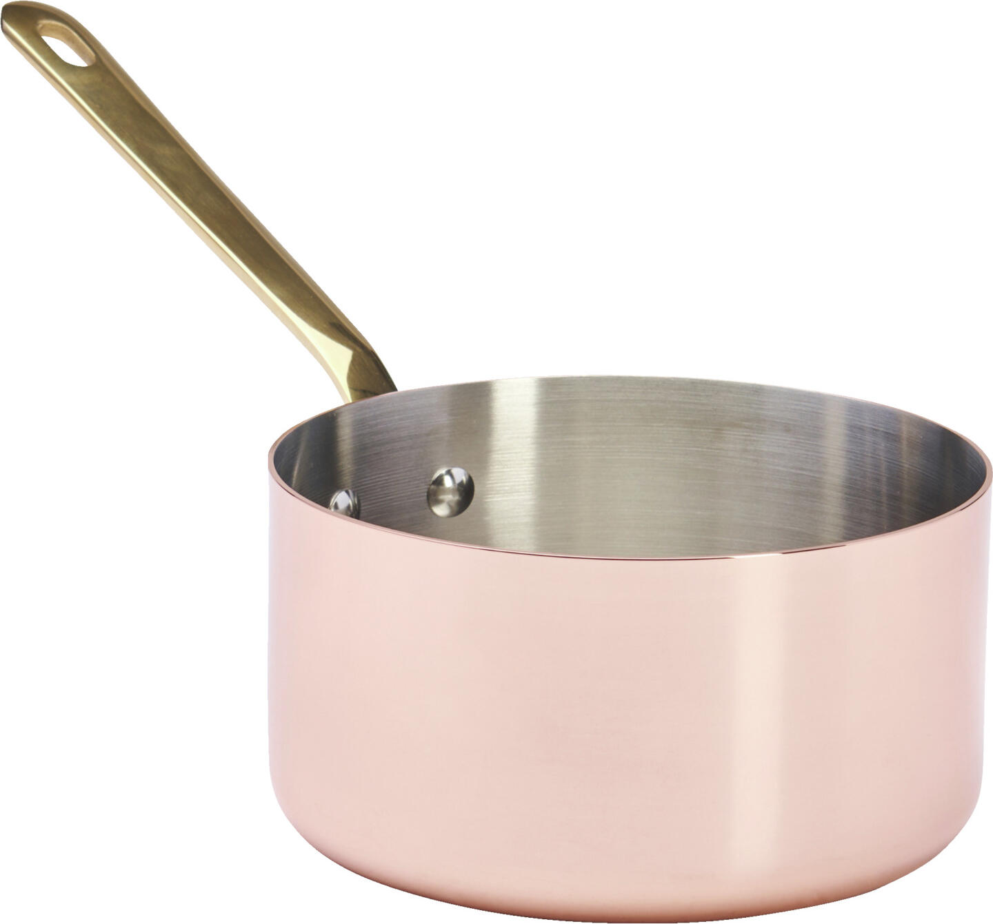 Oala de Buyer INOCUIVRE din cupru si otel inoxidabil, diametru 16 cm, maner din alama aurie, finisaj oglinda, fabricata in Franta