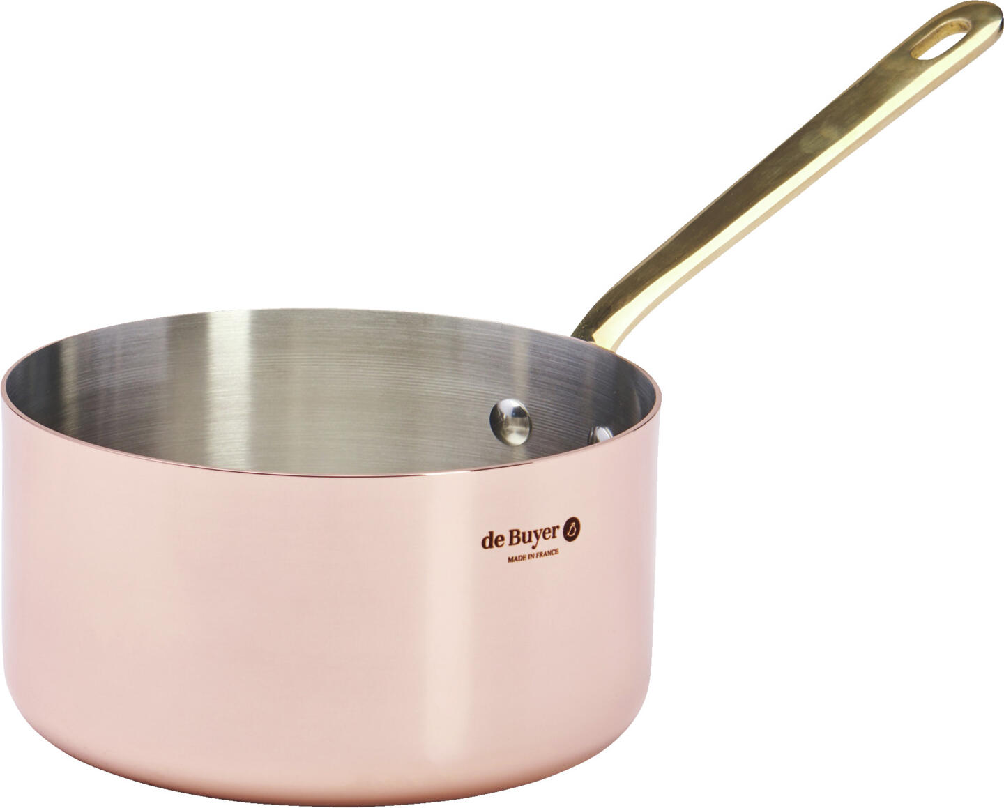 de Buyer DE BUYER INDUSTRIES SAS Saucepan with brass handle Stielkasserolle mit Messinggriff Saucepan with brass handle; 16x8.5 cm (ØxH); rosé/golden; round Stielkasserolle mit Messinggriff; 16x8.5 cm (ØxH); rosé/gold; rund Elegant casserole model, fits particularly well on the table or as an interior decoration. The casserole is perfect for reheating, simmering and cooking over a low heat. The INOCUIVRE cookware is made of 9 % copper and 10 % AISI 304 stainless steel: * 90% copper on the outside: excellent heat conductivity; exceptional cooking results. * 10 % stainless steel inside: ideal for food; avoids tinning; easy maintenance. Riveted, golden brass handles. High-quality mirror polish. Prestigious, elegant range, ideal for the dining room, ideal for serving and flambéing. Care of the copper with a polishing paste.  Stainless steel care: wash by hand. For all hob types EXCEPT induction. Elegantes Kasserolle-Modell, passt besonders gut auf den Tisch oder als Innendekoration. Die Kasserolle ist perfekt zum Aufwärmen, Köcheln sowie zum Garen auf kleiner Flamme geeignet. Das Kochgeschirr INOCUIVRE besteht zu 9 0% aus Kupfer und zu 10 % aus Edelstahl AISI 304: * außen 90 % Kupfer: hervorragende Wärmeleitfähigkeit; außergewöhnliche Kochergebnisse. * innen 10 % Edelstahl: ideal für Lebensmittel geeignet; vermeidet das Verzinnen; einfache Pflege. Vernietete, goldene Messinggriffe. Hochwertige Spiegelpolitur. Prestigeträchtige, edle Produktreihe, ideal für den Speisesaal geeignet, ideal zum Servieren und für das Flambieren. Pflege des Kupfers mit einer Polierpaste.  Pflege des Edelstahls: Waschen mit der Hand. Für alle Herdarten AUSSER Induktion.