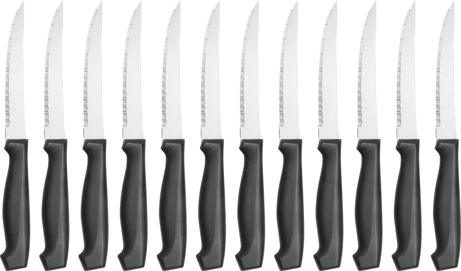 Pulsiva York Steak and Pizza Knife Set of 12, Chrome Stainless Steel 13/0, Serrated Extra Sharp Blade, Black Plastic Handle, 22 cm, Dishwasher Safe