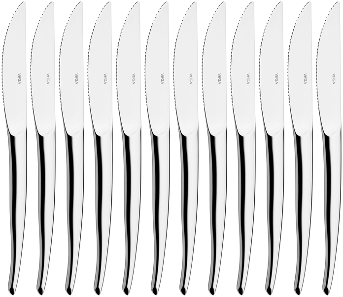 Set de 12 cutite pentru friptura si pizza VEGA Brasilia, 22.5 cm Otel Inoxidabil Crom 13/0, Lama Sierata, Finisaj Lucios, Safe la Masina de Spalat Vase