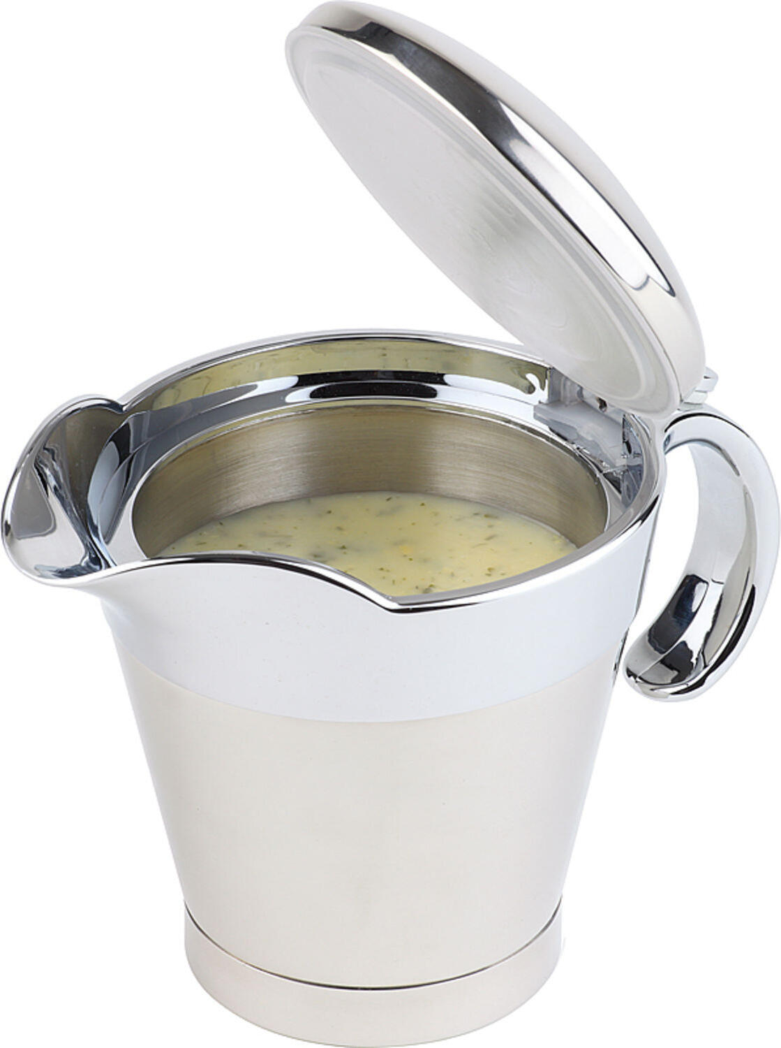 APS Assheuer + Pott GmbH & Co. KG Thermo sauce boat, 400 ml Thermo-Sauciere, 400 ml Thermo sauce boat, 400 ml; 400 ml, 19x12.5x13 cm (LxWxH); silver Thermo-Sauciere, 400 ml; 400 ml, 19x12.5x13 cm (LxBxH); silber Thermo sauce boat made of stainless steel. One-handed operation. Long temperature stability thanks to double walls and the hinged lid closure for easy, one-handed dispensing. Die Thermo-Sauciere ist ideal zum stilvollen Servieren und Warmhalten von Saucen, Dressings oder Jus am Tisch, Buffet oder im Cateringbereich. Die doppelwandige Ausführung unterstützt eine zuverlässige Temperaturhaltung, während der praktische Klappdeckelverschluss eine komfortable Einhandbedienung ermöglicht. Dank Ausgießer und Griff lässt sich der Inhalt sauber und kontrolliert portionieren. * Material: Edelstahl und ABS-Kunststoff * Doppelwandige Ausführung zur Temperaturhaltung * Mit Ausgießer für sauberes Servieren * Klappdeckelverschluss für komfortable Einhandbedienung * Griff für sicheres Handling * Spülmaschinengeeignet