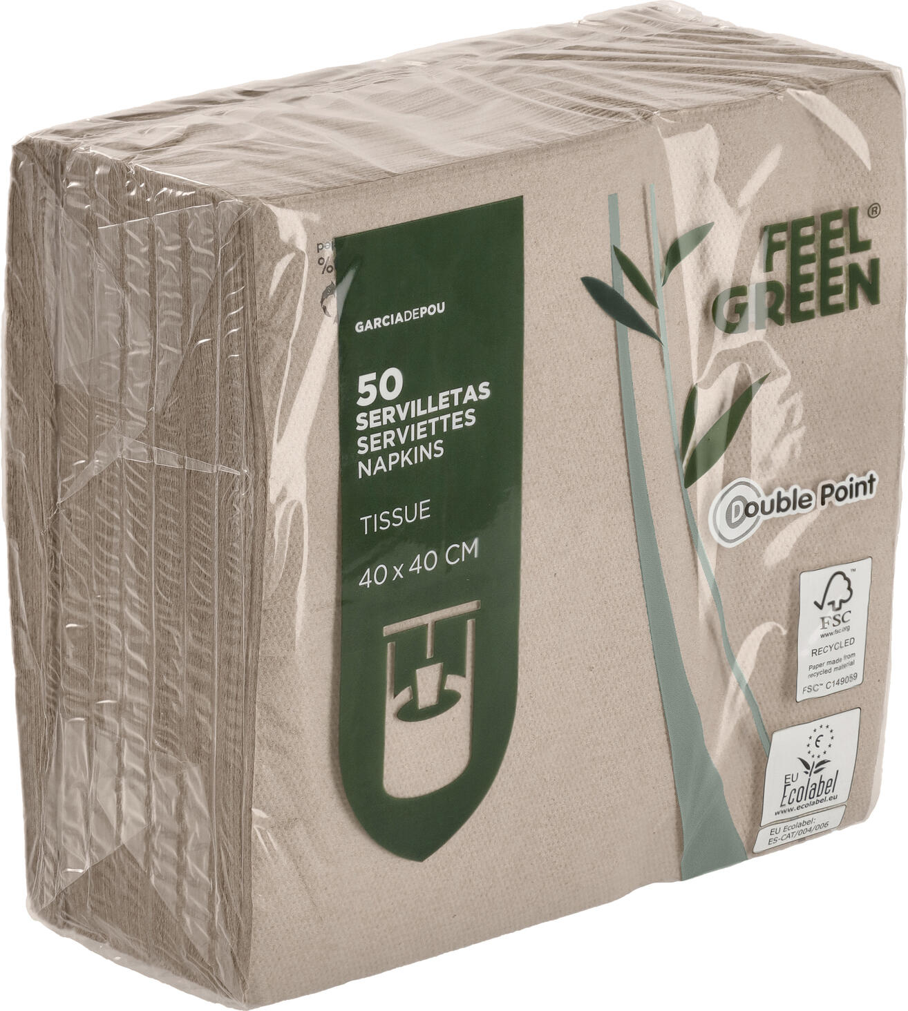 GARCIA DE POU Garcia De Pou, S.A. Napkin Ecolabel 1/4 fold Serviette Ecolabel 1/4 Falz Napkin Ecolabel 1/4 fold; 39x39 cm (WxL); natural; 50 piece / pack Serviette Ecolabel 1/4 Falz; 39x39 cm (BxL); natur; 50 Stück / Pack Napkin made from recycled materials. Biodegradable and compostable. Tear resistant. Good absorbency. Two-ply. Available in two different sizes. Serviette aus recycelten Materialien. Biologisch abbaubar und kompostierbar. Reißfest. Gute Saugkraft. Zweilagig. In zwei verschiedenen Größen erhältlich.