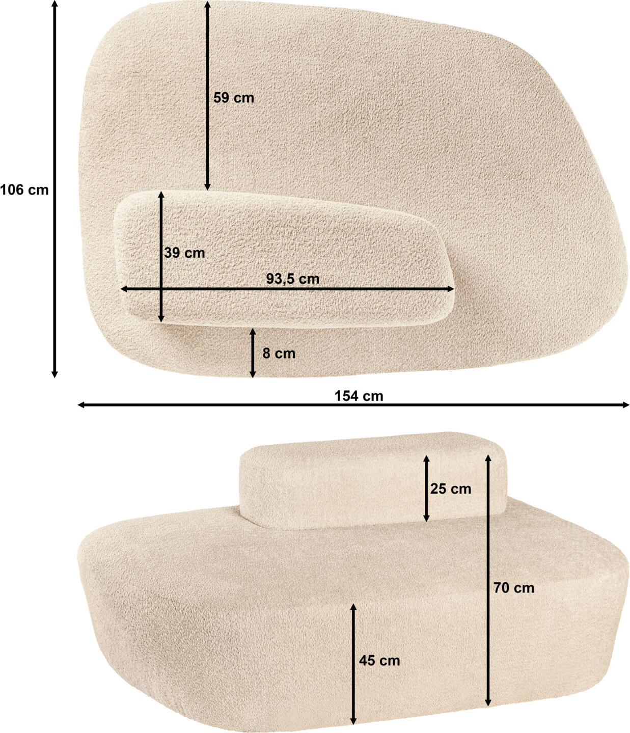VEGA Norsk Bouclé Sofa, Organic Design, Beige 100% Polyester Bouclé Fabric, Flame-Retardant, 154x106x70 cm, Wood Base