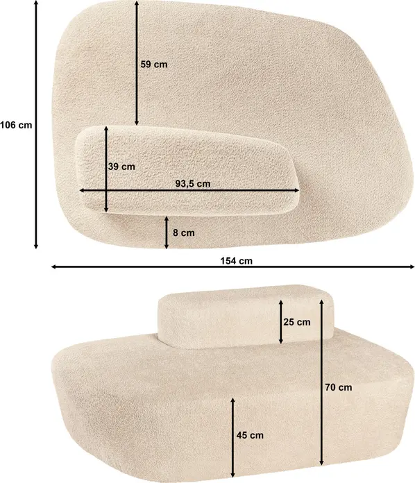 VEGA Norsk Bouclé Sofa, Organic Design, Beige 100% Polyester Bouclé Fabric, Flame-Retardant, 154x106x70 cm, Wood Base