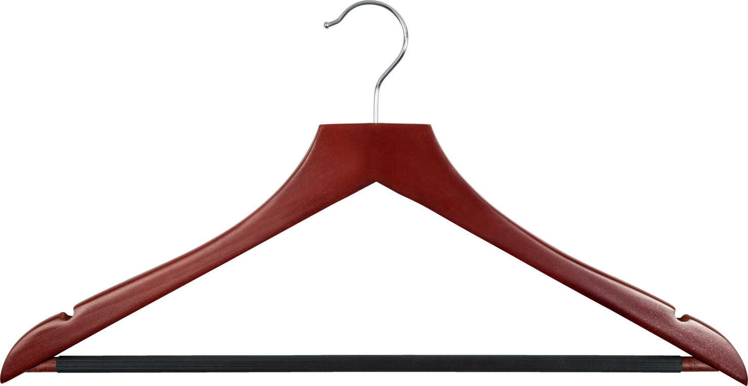 PULSIVA LUSINI Solutions GmbH Hotel coat hangers Cimbrio Hotel Kleiderbügel Cimbrio Hotel coat hangers Cimbrio; 44.5x23 cm (LxH); mahogany; 24 piece / pack Hotel Kleiderbügel Cimbrio; 44.5x23 cm (LxH); mahagoni; 24 Stück / Pack Classic coat hanger made from lotus wood. The hotel coat hanger has a skirt notch. The hanger hook can be rotated through 360°. Klassischer Kleiderbügel aus Lotosholz. Der Hotelkleiderbügel verfügt über einen Rockeinschnitt. Der Bügelhaken ist um 360° drehbar.