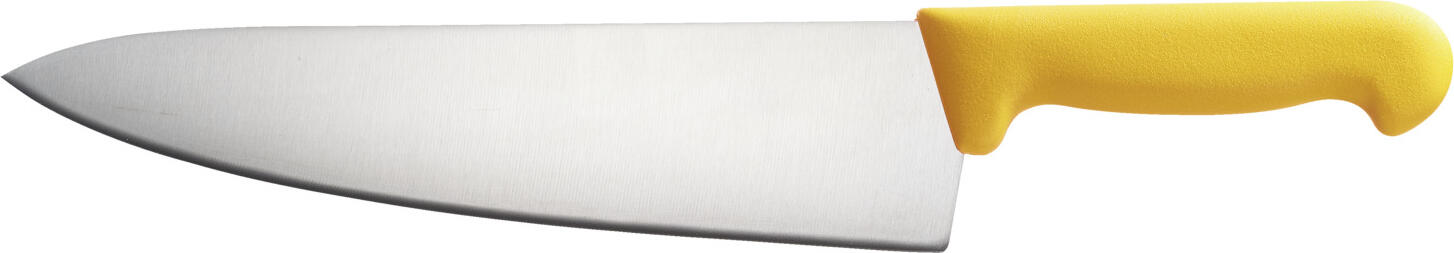 PULSIVA LUSINI Solutions GmbH Chef's knife Marcata L Kochmesser Marcata L Chef's knife Marcata L; Blade length 26 cm, 39 cm (L); yellow Kochmesser Marcata L; Klingenlänge 26 cm, 39 cm (L); gelb Extremely sharp professional kitchen knife with punched blades made of corrosion-resistant chrome-molybdenum-vanadium steel in the alloy X50CrMoV15. Long-lasting sharpness guaranteed. Ergonomically shaped handles with a good weight balance between the handle and blade for comfortable handling. Blade length 26cm. Color selection for application according to HACCP concept. Extrem scharfes Profi-Küchenmesser mit gestanzten Klingen aus korrosionsbeständigem Chrom-Molybdän-Vanadium Stahl in der Legierung X50CrMoV15. Langanhaltende Schärfe garantiert. Ergonomisch geformte Griffe mit einer guten Gewichts-Balance zwischen Griff und Klinge für eine komfortable Handhabung. Klingenlänge 26 cm. Farbauswahl für Anwendung nach HACCP - Konzept.