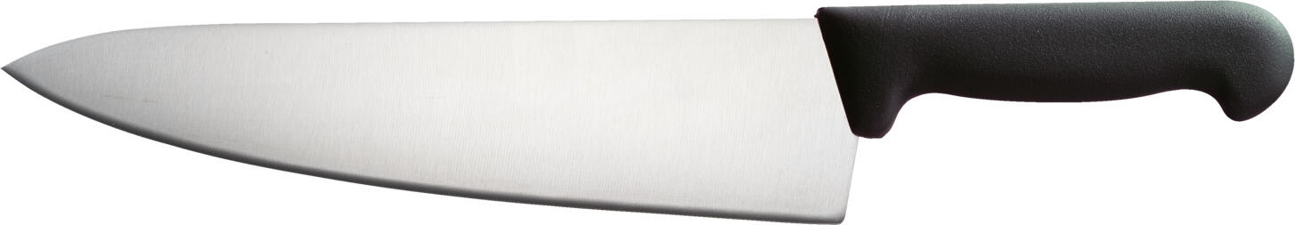 PULSIVA LUSINI Solutions GmbH Chef's knife Marcata L Kochmesser Marcata L Chef's knife Marcata L; Blade length 26 cm, 39 cm (L); black Kochmesser Marcata L; Klingenlänge 26 cm, 39 cm (L); schwarz Extremely sharp professional kitchen knife with punched blades made of corrosion-resistant chrome-molybdenum-vanadium steel in the alloy X50CrMoV15. Long-lasting sharpness guaranteed. Ergonomically shaped handles with a good weight balance between the handle and blade for comfortable handling. Blade length 26cm. Color selection for application according to HACCP concept. Extrem scharfes Profi-Küchenmesser mit gestanzten Klingen aus korrosionsbeständigem Chrom-Molybdän-Vanadium Stahl in der Legierung X50CrMoV15. Langanhaltende Schärfe garantiert. Ergonomisch geformte Griffe mit einer guten Gewichts-Balance zwischen Griff und Klinge für eine komfortable Handhabung. Klingenlänge 26 cm. Farbauswahl für Anwendung nach HACCP - Konzept.