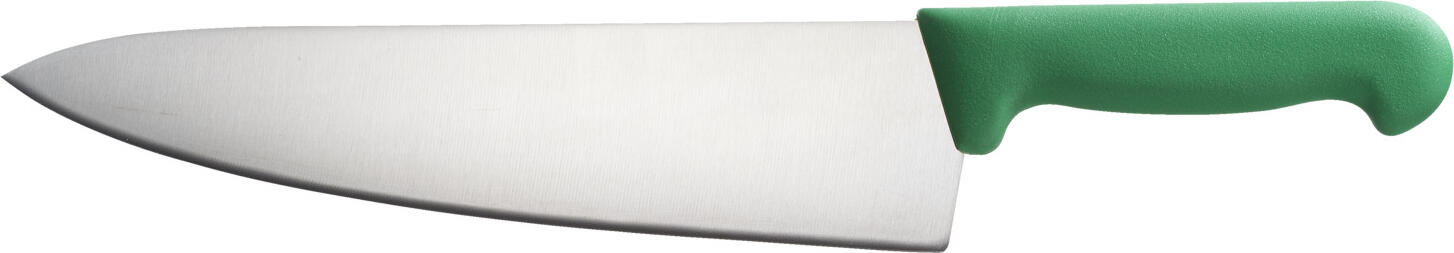PULSIVA LUSINI Solutions GmbH Chef's knife Marcata L Kochmesser Marcata L Chef's knife Marcata L; Blade length 26 cm, 39 cm (L); green Kochmesser Marcata L; Klingenlänge 26 cm, 39 cm (L); grün Extremely sharp professional kitchen knife with punched blades made of corrosion-resistant chrome-molybdenum-vanadium steel in the alloy X50CrMoV15. Long-lasting sharpness guaranteed. Ergonomically shaped handles with a good weight balance between the handle and blade for comfortable handling. Blade length 26cm. Color selection for application according to HACCP concept. Extrem scharfes Profi-Küchenmesser mit gestanzten Klingen aus korrosionsbeständigem Chrom-Molybdän-Vanadium Stahl in der Legierung X50CrMoV15. Langanhaltende Schärfe garantiert. Ergonomisch geformte Griffe mit einer guten Gewichts-Balance zwischen Griff und Klinge für eine komfortable Handhabung. Klingenlänge 26 cm. Farbauswahl für Anwendung nach HACCP - Konzept.