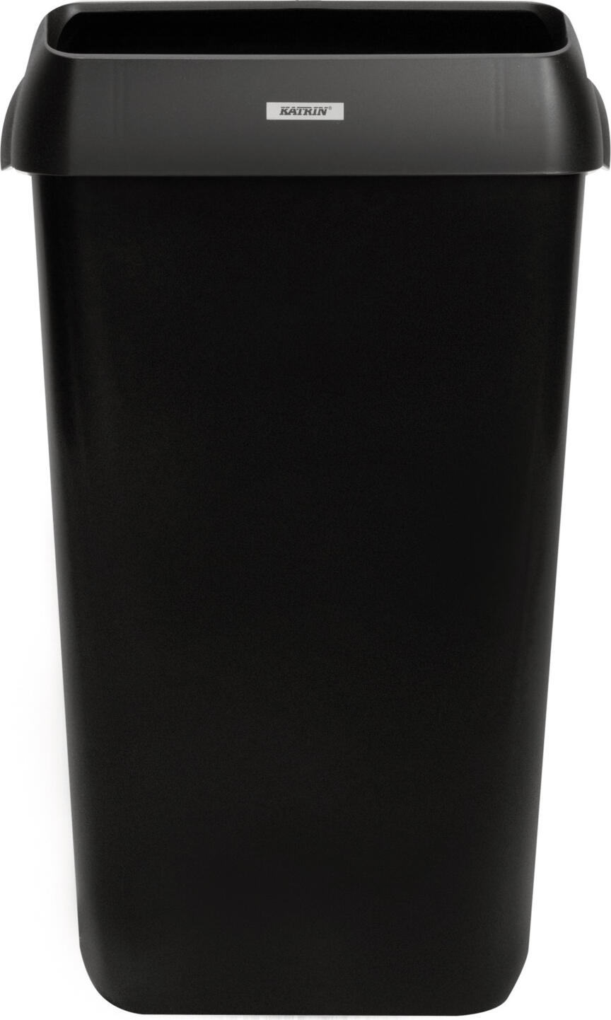 Katrin Metsä Tissue GmbH Waste garbage can Katrin 25 l with cover Abfallbehälter Katrin 25 l mit Abdeckung Waste garbage can Katrin 25 l with cover; 23x33x55 cm (LxWxH); black Abfallbehälter Katrin 25 l mit Abdeckung; 23x33x55 cm (LxBxH); schwarz Robust waste garbage can with plastic cover. Lightweight, robust and easy to empty. Capacity 25 l. Hygienic use as the lid does not need to be touched. Ideal addition to the Katrin dispenser range. The waste garbage can is also suitable for wall mounting to save floor space (wall bracket included). Robuster Abfallbehälter mit Abdeckung  aus Kunststoff. Leicht, robust und einfach zu leeren. Fassungsvermögen 25 L. Hygienische Benutzung, da der Deckel nicht berührt werden muss. Optimale Ergänzung zum Katrin  Spendersortiment. Der Abfalleimer ist auch zur Wandanbringung geeignet, um Stellfläche zu sparen (Wandhalterung inklusive).