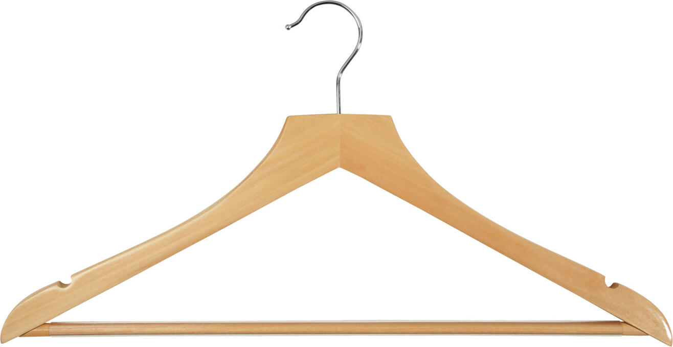 PULSIVA LUSINI Solutions GmbH Hotel coat hangers Cimbrio Hotel Kleiderbügel Cimbrio Hotel coat hangers Cimbrio; 44.5x23 cm (LxH); natural; 24 piece / pack Hotel Kleiderbügel Cimbrio; 44.5x23 cm (LxH); natur; 24 Stück / Pack Classic coat hanger made from lotus wood. The hotel coat hanger has a skirt notch. The hanger hook can be rotated through 360°. Klassischer Kleiderbügel aus Lotosholz. Der Hotelkleiderbügel verfügt über einen Rockeinschnitt. Der Bügelhaken ist um 360° drehbar.