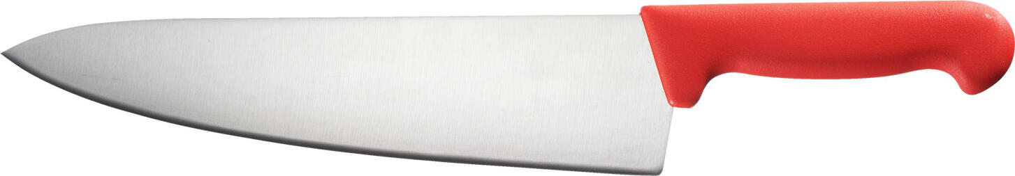 PULSIVA LUSINI Solutions GmbH Chef's knife Marcata L Kochmesser Marcata L Chef's knife Marcata L; Blade length 26 cm, 39 cm (L); red Kochmesser Marcata L; Klingenlänge 26 cm, 39 cm (L); rot Extremely sharp professional kitchen knife with punched blades made of corrosion-resistant chrome-molybdenum-vanadium steel in the alloy X50CrMoV15. Long-lasting sharpness guaranteed. Ergonomically shaped handles with a good weight balance between the handle and blade for comfortable handling. Blade length 26cm. Color selection for application according to HACCP concept. Extrem scharfes Profi-Küchenmesser mit gestanzten Klingen aus korrosionsbeständigem Chrom-Molybdän-Vanadium Stahl in der Legierung X50CrMoV15. Langanhaltende Schärfe garantiert. Ergonomisch geformte Griffe mit einer guten Gewichts-Balance zwischen Griff und Klinge für eine komfortable Handhabung. Klingenlänge 26 cm. Farbauswahl für Anwendung nach HACCP - Konzept.