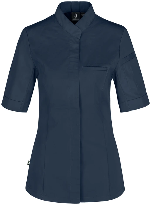 JOBELINE LUSINI Solutions GmbH Women's chef's jacket Marco short-sleeved Damen Kochjacke Marco Kurzarm Women's chef's jacket Marco short-sleeved; Size 36; navy Damen Kochjacke Marco Kurzarm; Kleidergröße 36; navy 65 % polyester, 35 % cotton. 150 g/m². 60 °C wash Elegant women's chef jacket with short sleeves, made of very lightweight and breathable fabric. With wing collar and concealed button tape, as well as a 2-part upper arm pocket. With flush piped pocket on the chest and a practical pinafore loop in the neck. The entire back and the lower part of the sleeves are made of breathable, elastic piqué material, which ensures a slim and extremely comfortable fit. Slightly tailored cut. Length of back: 68 cm (size 36) 65 % Polyester, 35 % Baumwolle. 150 g/m². 60°-Wäsche Elegante Damenkochjacke mit kurzem Ärmel, aus einem extraleichten und atmungsaktiven Gewebe. Mit Stehkragen und verdeckter Druckknopfleiste, sowie einer zweigeteilten Oberarmtasche. Mit einer eingelassenen Paspeltasche auf der Brust und praktischen Latzschürzenschlaufe im Nacken. Die gesamte Rückenpartie, sowie der untere Teil der Ärmel besteht aus einem atmungsaktiven und elastischem Piqué Material, das für eine schmale und äußerst bequeme Passform sorgt. Leicht tailliert geschnitten. Rückenlänge: 68 cm in Gr. 36