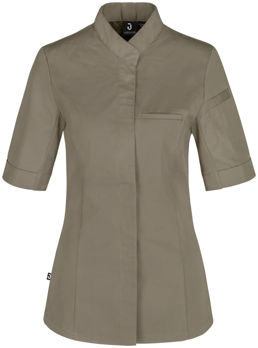 JOBELINE LUSINI Solutions GmbH Women's chef's jacket Marco short-sleeved Damen Kochjacke Marco Kurzarm Women's chef's jacket Marco short-sleeved; Size 40; taupe Damen Kochjacke Marco Kurzarm; Kleidergröße 40; taupe 65 % polyester, 35 % cotton. 150 g/m². 60 °C wash Elegant women's chef jacket with short sleeves, made of very lightweight and breathable fabric. With wing collar and concealed button tape, as well as a 2-part upper arm pocket. With flush piped pocket on the chest and a practical pinafore loop in the neck. The entire back and the lower part of the sleeves are made of breathable, elastic piqué material, which ensures a slim and extremely comfortable fit. Slightly tailored cut. Length of back: 68 cm (size 36) 65 % Polyester, 35 % Baumwolle. 150 g/m². 60°-Wäsche Elegante Damenkochjacke mit kurzem Ärmel, aus einem extraleichten und atmungsaktiven Gewebe. Mit Stehkragen und verdeckter Druckknopfleiste, sowie einer zweigeteilten Oberarmtasche. Mit einer eingelassenen Paspeltasche auf der Brust und praktischen Latzschürzenschlaufe im Nacken. Die gesamte Rückenpartie, sowie der untere Teil der Ärmel besteht aus einem atmungsaktiven und elastischem Piqué Material, das für eine schmale und äußerst bequeme Passform sorgt. Leicht tailliert geschnitten. Rückenlänge: 68 cm in Gr. 36