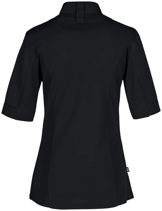 JOBELINE LUSINI Solutions GmbH Women's chef's jacket Marco short-sleeved Damen Kochjacke Marco Kurzarm Women's chef's jacket Marco short-sleeved; Size 44; black Damen Kochjacke Marco Kurzarm; Kleidergröße 44; schwarz 65 % polyester, 35 % cotton. 150 g/m². 60 °C wash Elegant women's chef jacket with short sleeves, made of very lightweight and breathable fabric. With wing collar and concealed button tape, as well as a 2-part upper arm pocket. With flush piped pocket on the chest and a practical pinafore loop in the neck. The entire back and the lower part of the sleeves are made of breathable, elastic piqué material, which ensures a slim and extremely comfortable fit. Slightly tailored cut. Length of back: 68 cm (size 36) 65 % Polyester, 35 % Baumwolle. 150 g/m². 60°-Wäsche Elegante Damenkochjacke mit kurzem Ärmel, aus einem extraleichten und atmungsaktiven Gewebe. Mit Stehkragen und verdeckter Druckknopfleiste, sowie einer zweigeteilten Oberarmtasche. Mit einer eingelassenen Paspeltasche auf der Brust und praktischen Latzschürzenschlaufe im Nacken. Die gesamte Rückenpartie, sowie der untere Teil der Ärmel besteht aus einem atmungsaktiven und elastischem Piqué Material, das für eine schmale und äußerst bequeme Passform sorgt. Leicht tailliert geschnitten. Rückenlänge: 68 cm in Gr. 36
