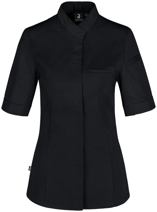 JOBELINE LUSINI Solutions GmbH Women's chef's jacket Marco short-sleeved Damen Kochjacke Marco Kurzarm Women's chef's jacket Marco short-sleeved; Size 44; black Damen Kochjacke Marco Kurzarm; Kleidergröße 44; schwarz 65 % polyester, 35 % cotton. 150 g/m². 60 °C wash Elegant women's chef jacket with short sleeves, made of very lightweight and breathable fabric. With wing collar and concealed button tape, as well as a 2-part upper arm pocket. With flush piped pocket on the chest and a practical pinafore loop in the neck. The entire back and the lower part of the sleeves are made of breathable, elastic piqué material, which ensures a slim and extremely comfortable fit. Slightly tailored cut. Length of back: 68 cm (size 36) 65 % Polyester, 35 % Baumwolle. 150 g/m². 60°-Wäsche Elegante Damenkochjacke mit kurzem Ärmel, aus einem extraleichten und atmungsaktiven Gewebe. Mit Stehkragen und verdeckter Druckknopfleiste, sowie einer zweigeteilten Oberarmtasche. Mit einer eingelassenen Paspeltasche auf der Brust und praktischen Latzschürzenschlaufe im Nacken. Die gesamte Rückenpartie, sowie der untere Teil der Ärmel besteht aus einem atmungsaktiven und elastischem Piqué Material, das für eine schmale und äußerst bequeme Passform sorgt. Leicht tailliert geschnitten. Rückenlänge: 68 cm in Gr. 36