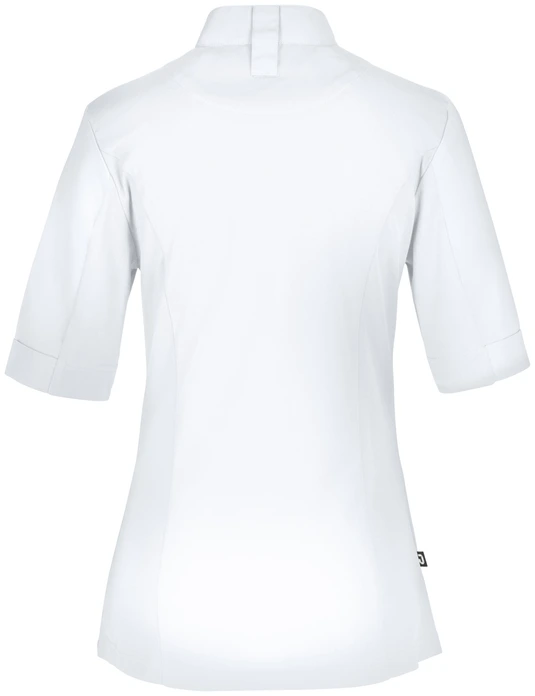 Jobeline Marco Women's Short-Sleeved Chef Jacket, White, Polyester-Cotton Blend, Breathable Elastic Piqué Back, Wing Collar, OEKO-TEX Certified
