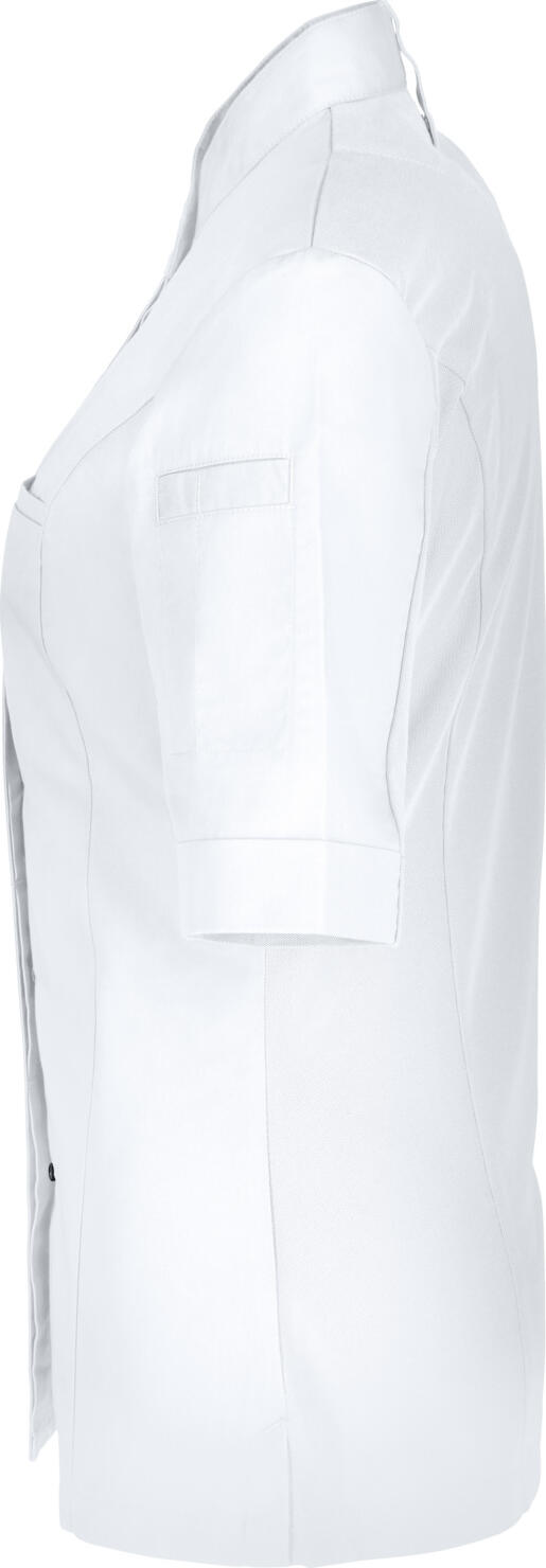 Jobeline Marco Women's Short-Sleeved Chef Jacket, White, Polyester-Cotton Blend, Breathable Elastic Piqué Back, Wing Collar, OEKO-TEX Certified