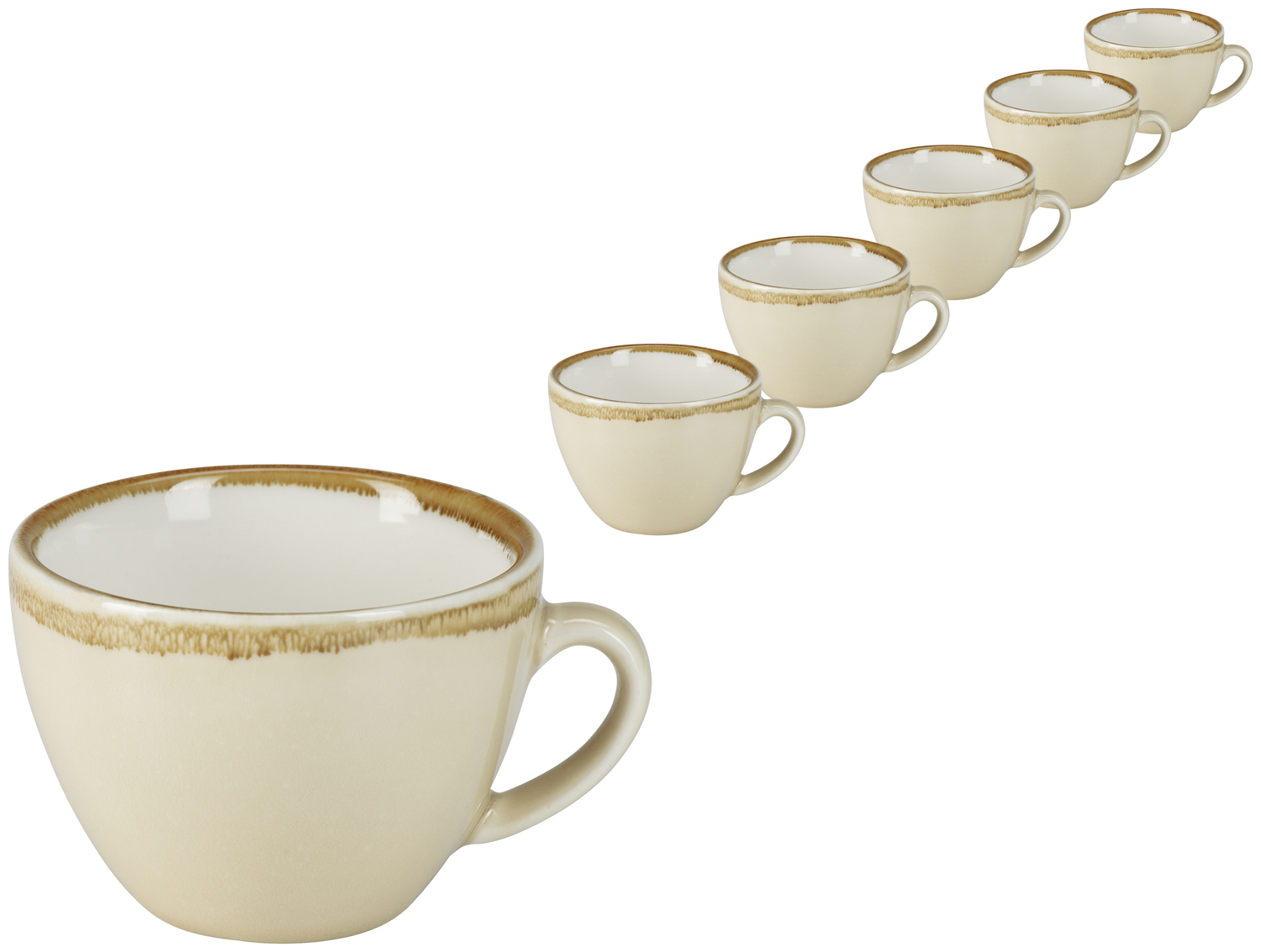 Set de 6 cești de cafea PULSIVA Glaze 2.0, 200 ml din porțelan glazurat, bej nisip cu margine decorativă, sigure la mașina de spălat vase, 8.9x6.5 cm