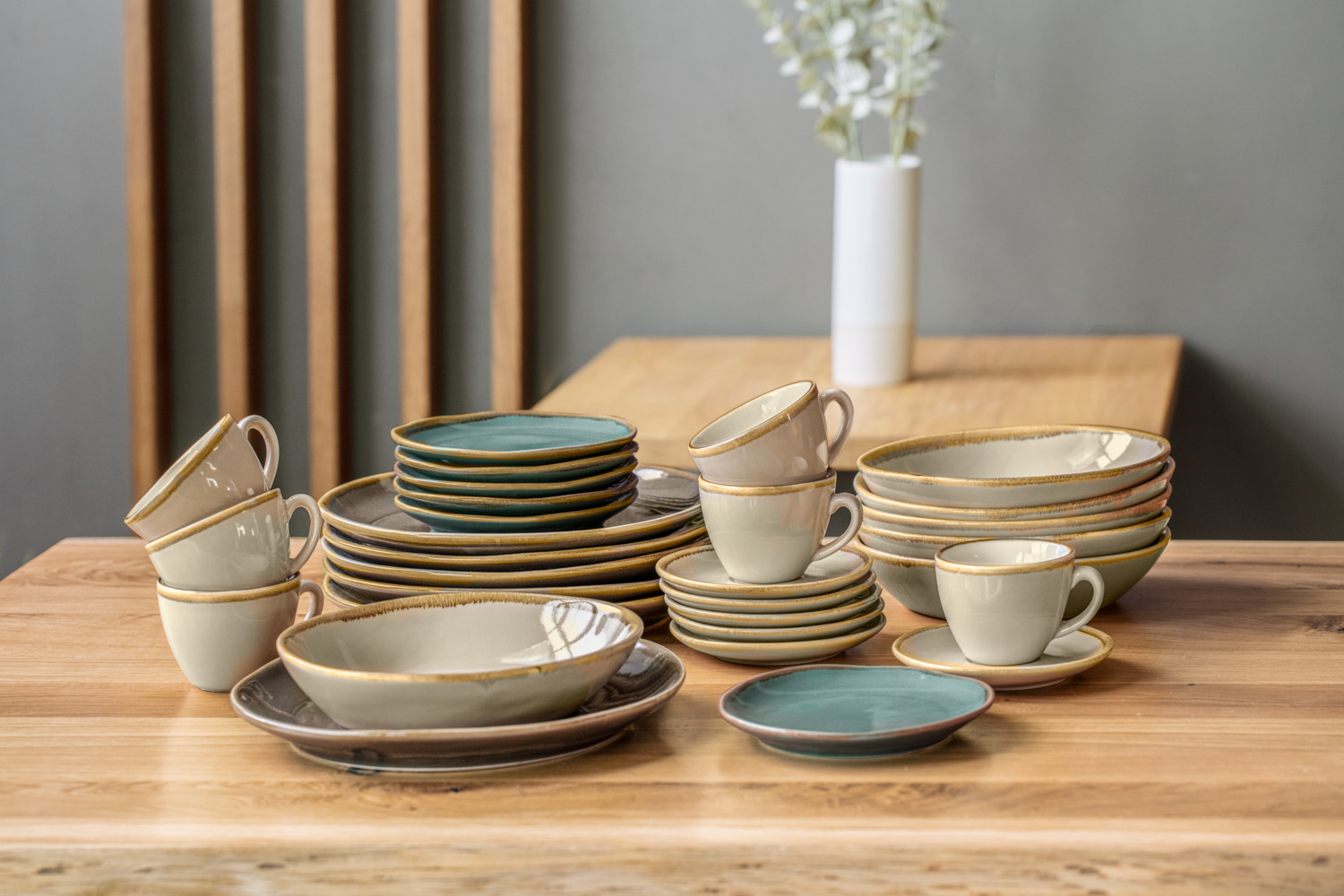 Set de 6 cești de cafea PULSIVA Glaze 2.0, 200 ml din porțelan glazurat, bej nisip cu margine decorativă, sigure la mașina de spălat vase, 8.9x6.5 cm