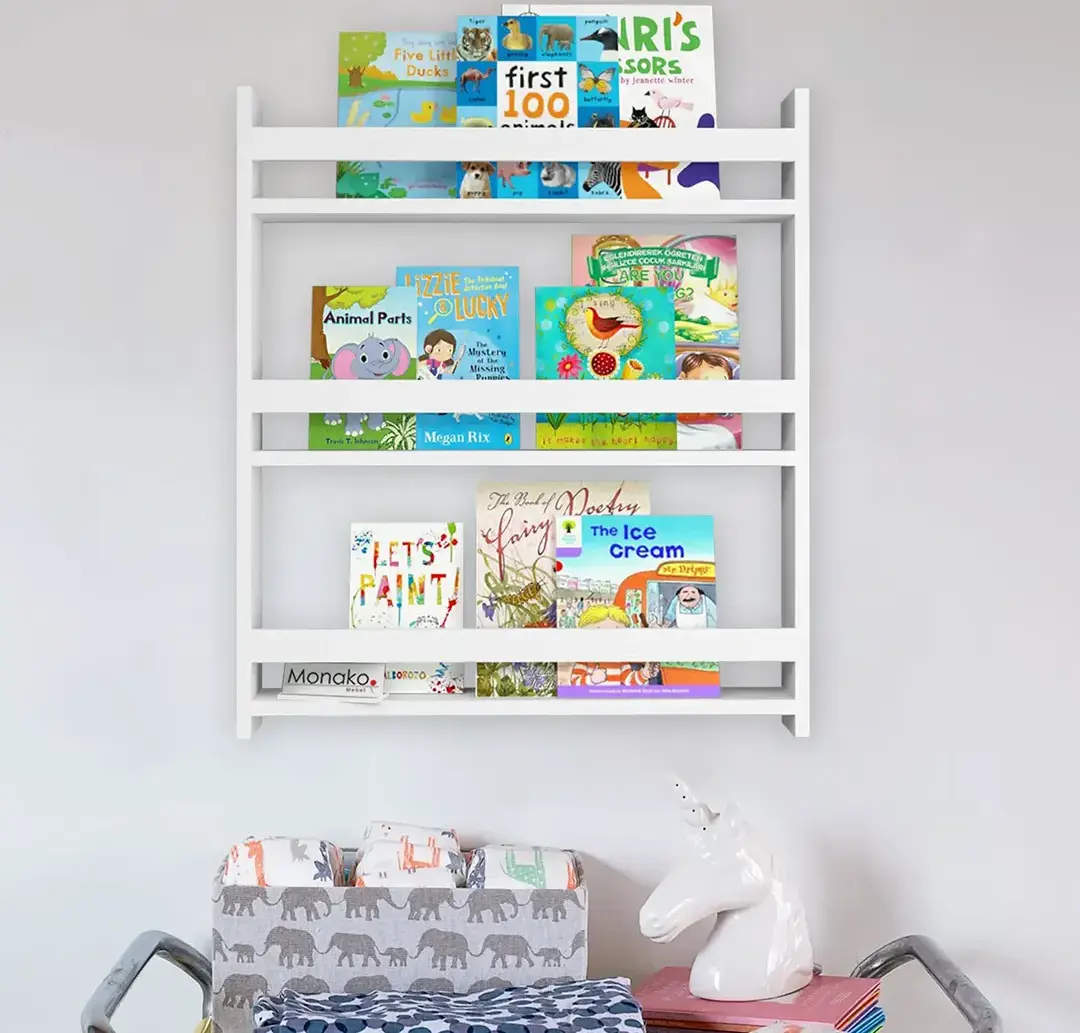Raft de carti Montessori pentru copii Monako Mebel, Display cu frontul inainte, Alb, PAL Clasa I, 79.5x74x10 cm, Montare pe perete