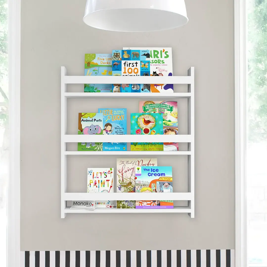 Raft de carti Montessori pentru copii Monako Mebel, Display cu frontul inainte, Alb, PAL Clasa I, 79.5x74x10 cm, Montare pe perete