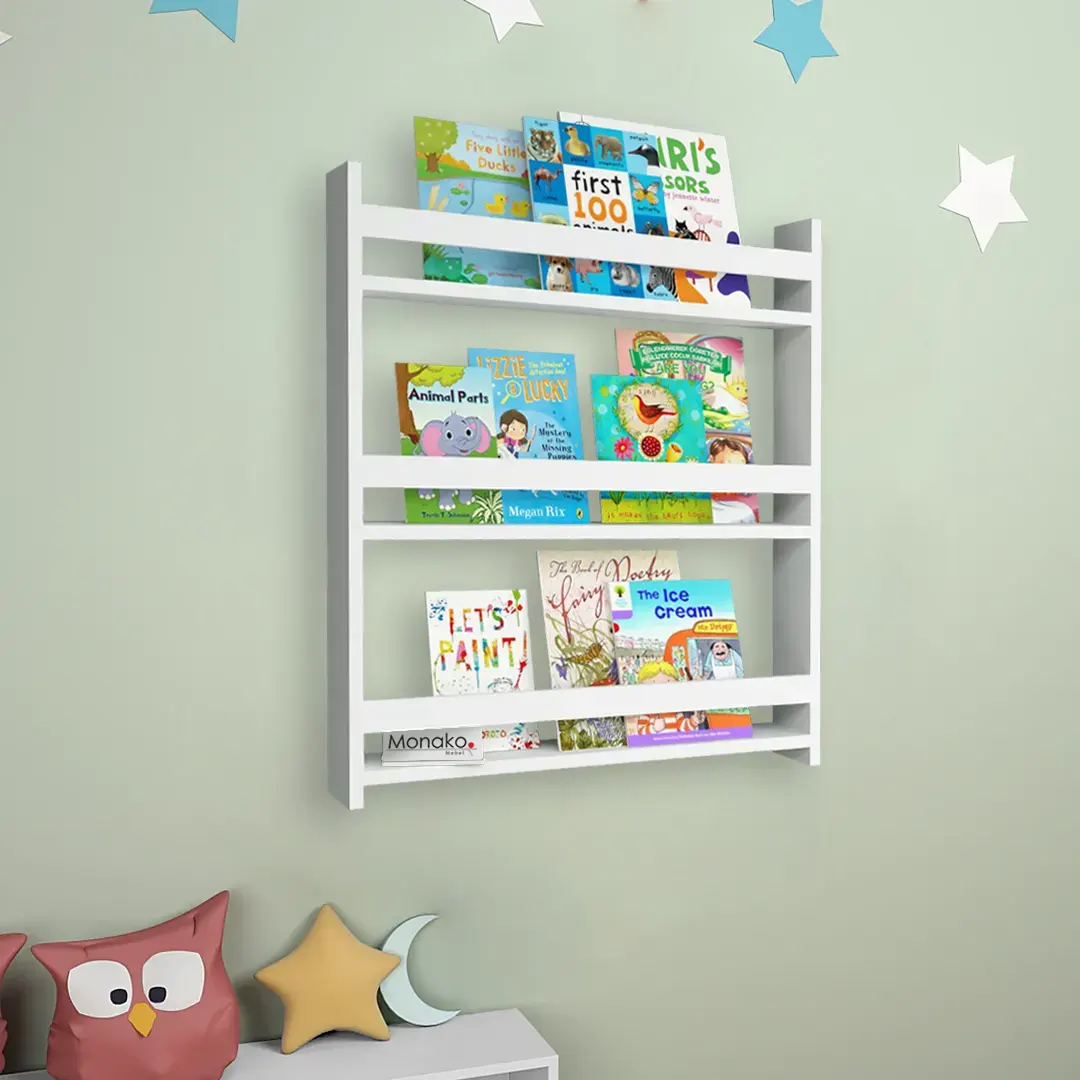 Raft de carti Montessori pentru copii Monako Mebel, Display cu frontul inainte, Alb, PAL Clasa I, 79.5x74x10 cm, Montare pe perete