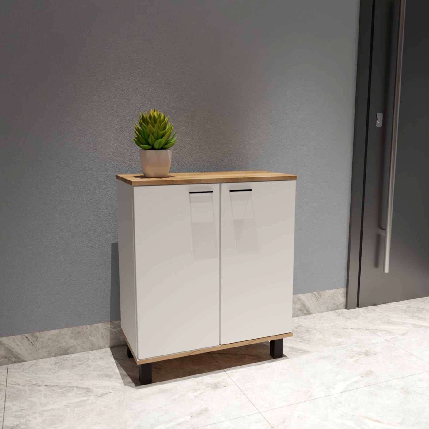 Dulap Multifunctional Maya, PAL 16mm, 65x75x32 cm, 2 Usi cu Manete Integrate Negre, 2 Polituri, 4 Picioare Negre, Alb si Atlantic
