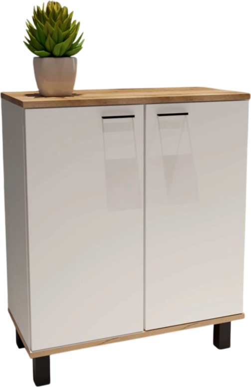 Dulap Multifunctional Maya, PAL 16mm, 65x75x32 cm, 2 Usi cu Manete Integrate Negre, 2 Polituri, 4 Picioare Negre, Alb si Atlantic