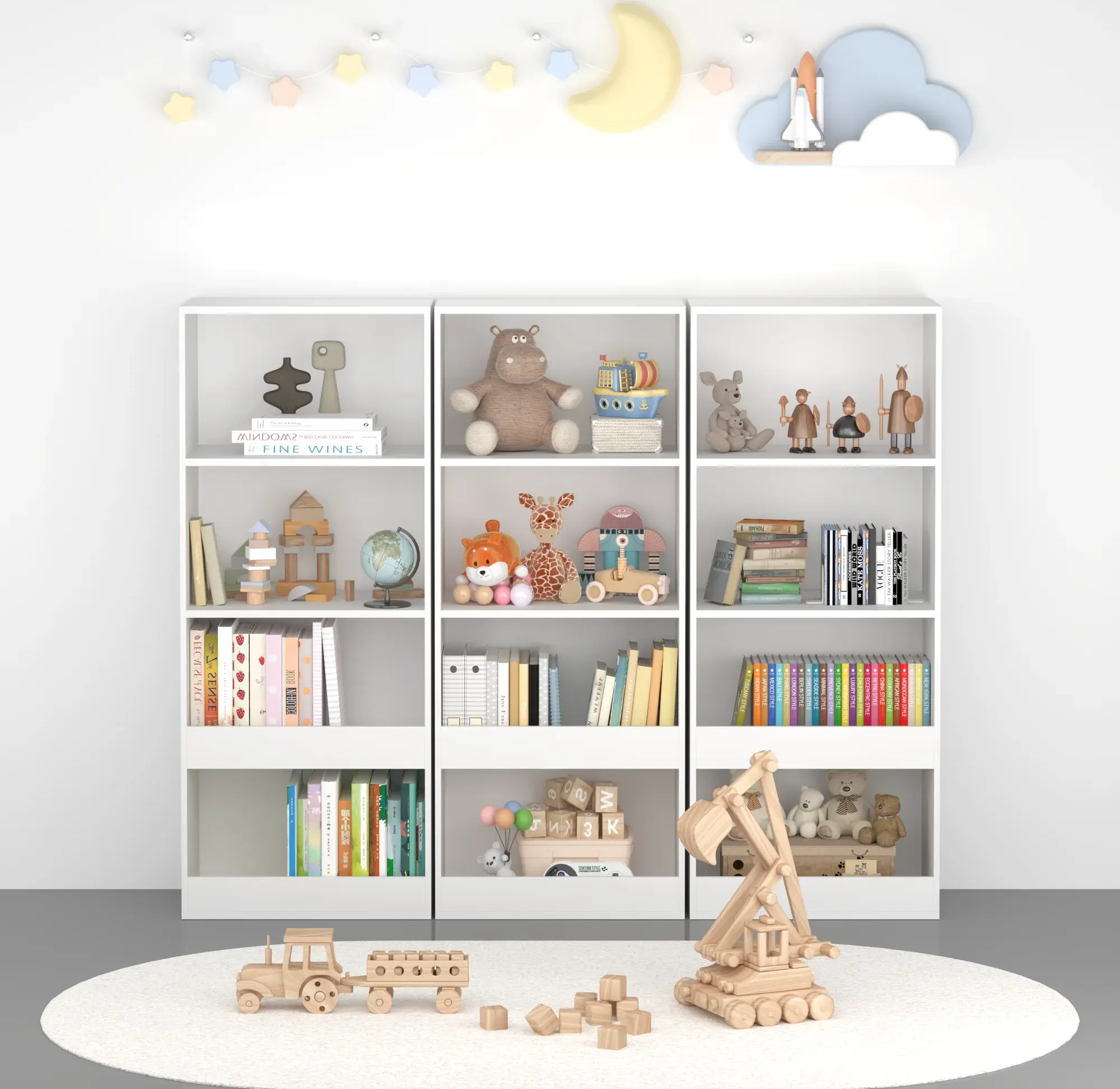 Mia Children's Shelf for Toys and Books, White PAL Particle Board, 120x50x30 cm, 4 Open Storage Compartments, Unassembled