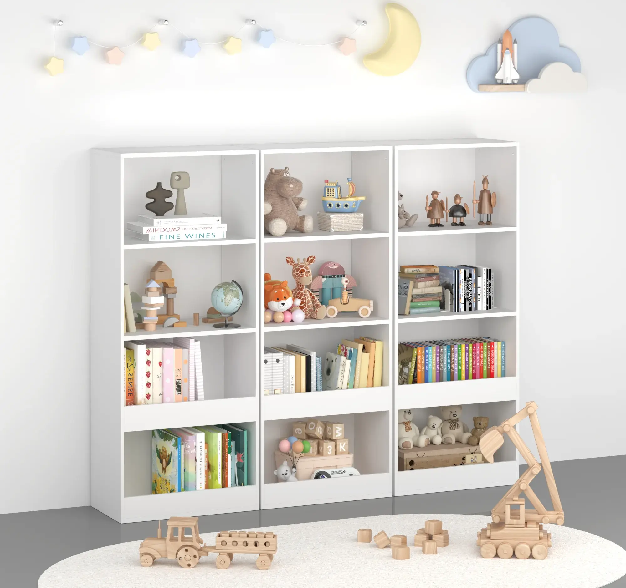 Mia Children's Shelf for Toys and Books, White PAL Particle Board, 120x50x30 cm, 4 Open Storage Compartments, Unassembled